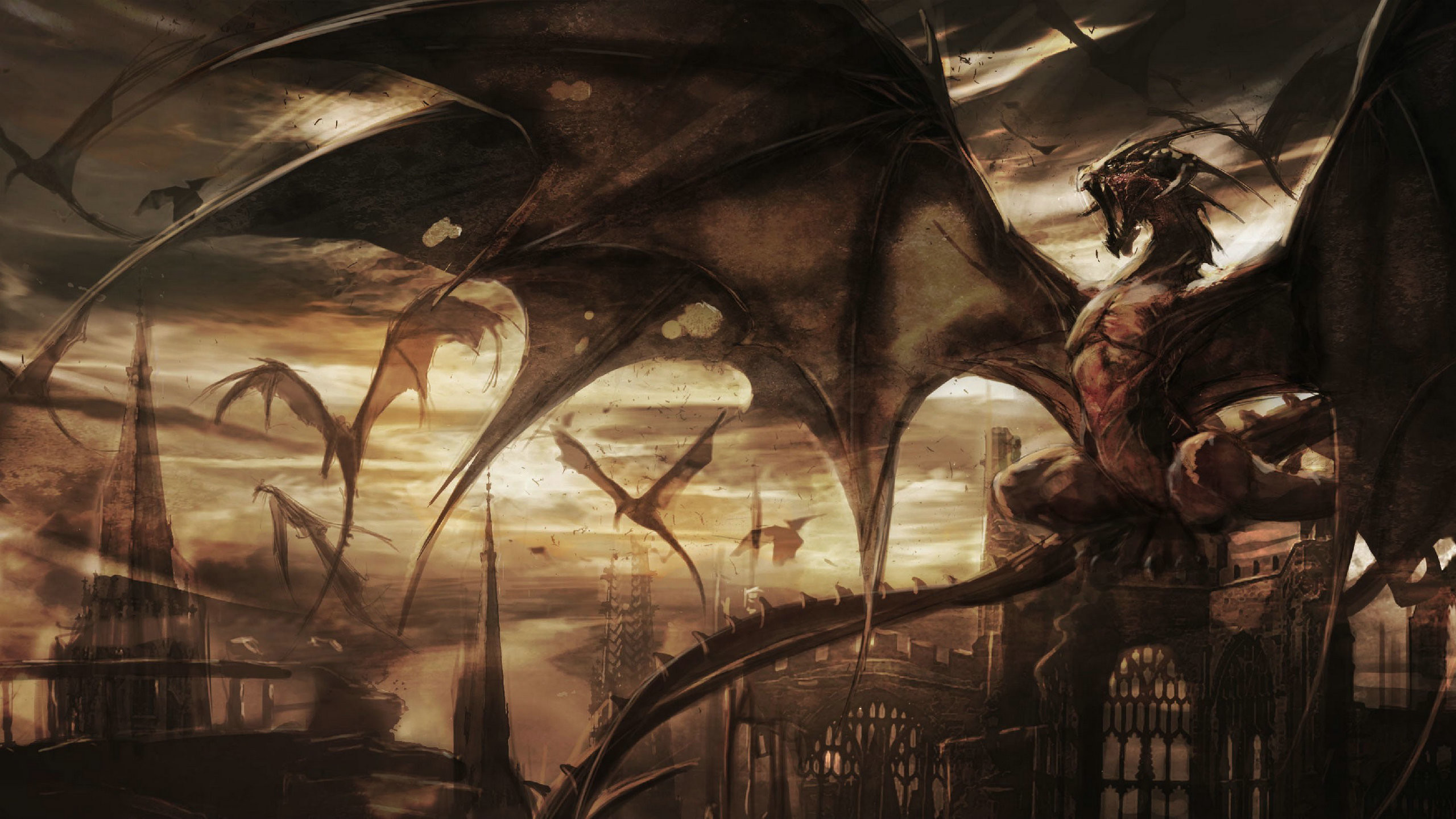 2560x1440 medieval dragons | Gothic Sunrise Dragon