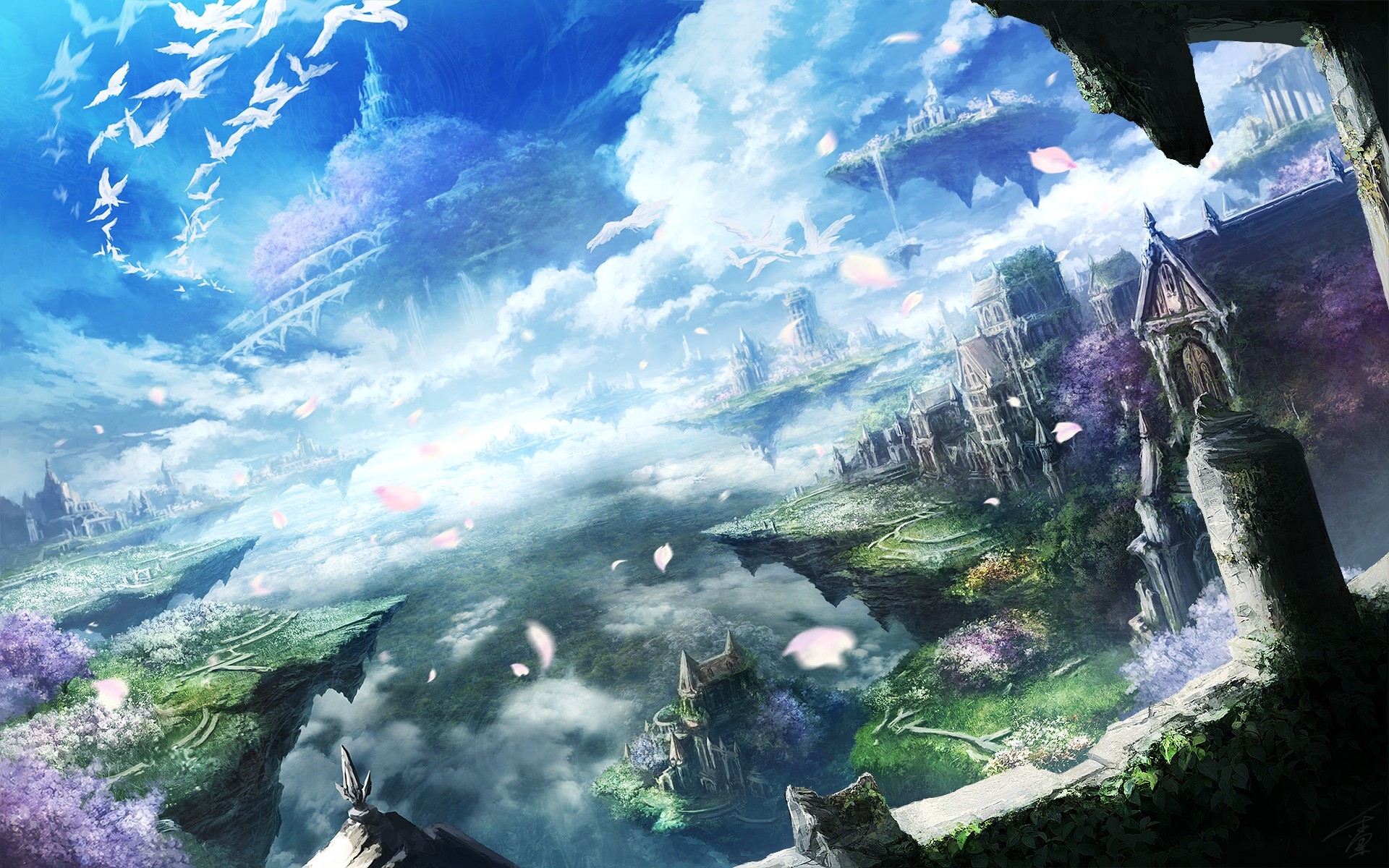 1920x1200 Anime  anime sky city landscape fantasy art floating island birds  clouds