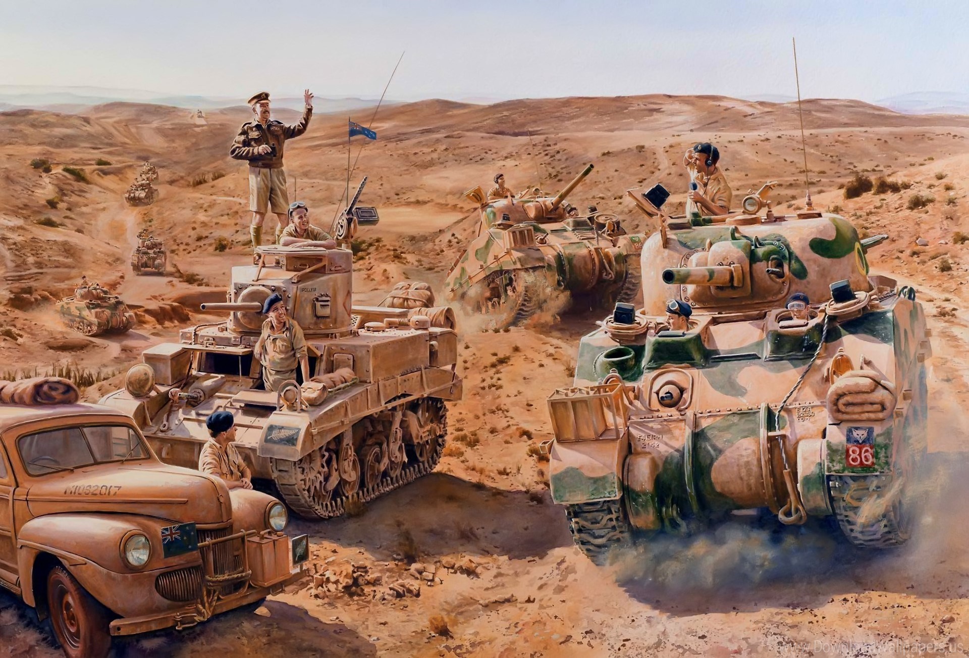 1920x1303 Drawing, M3 Stuart, M4 Sherman, Soldiers, Tanks, The British, The