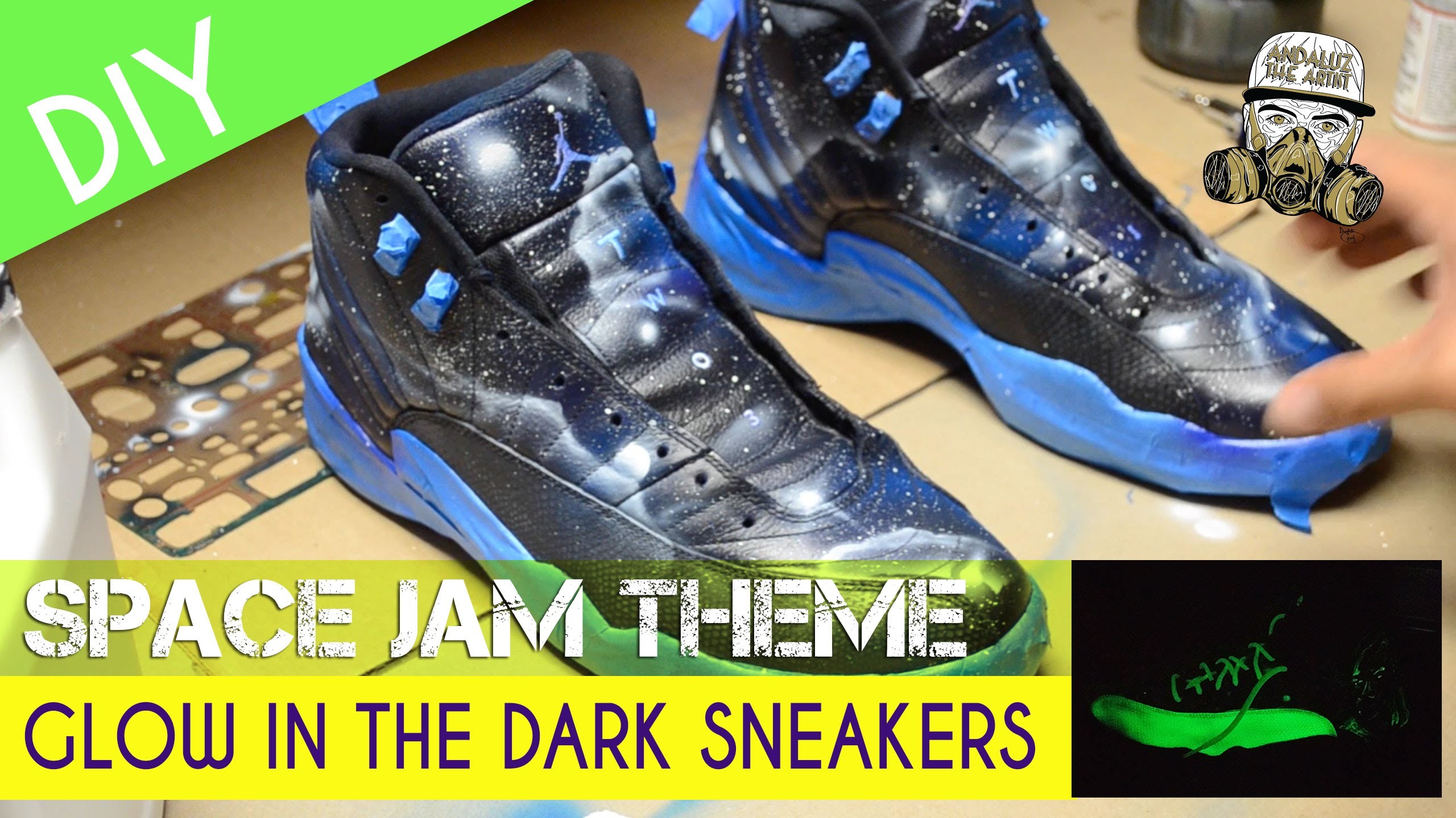 2560x1440 Custom Painted Jordan 12's (Space Jam GLOW IN THE DARK theme) - YouTube