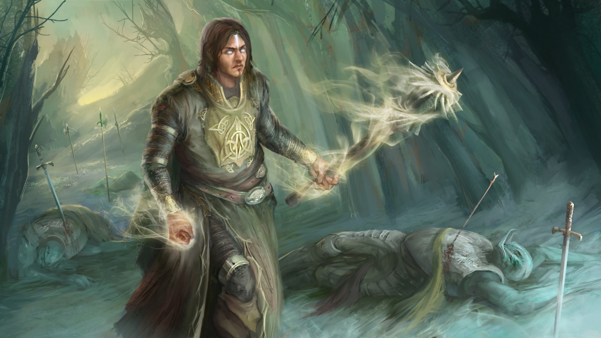1920x1080  Wallpaper corpses, mage, warrior, forest, art, fantasy