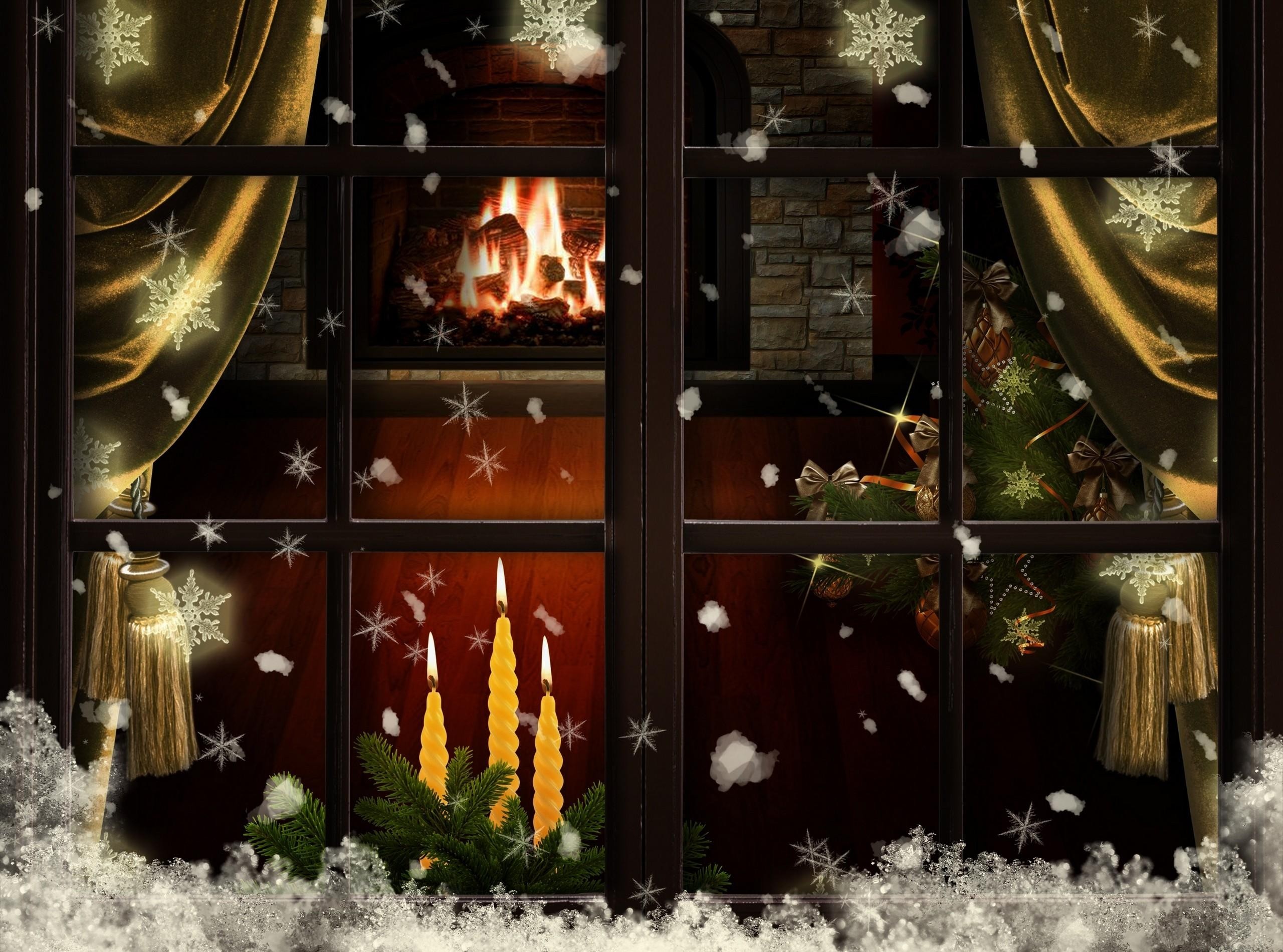 2560x1900 Wallpaper window, fireplace, candles, christmas tree, cozy, christmas