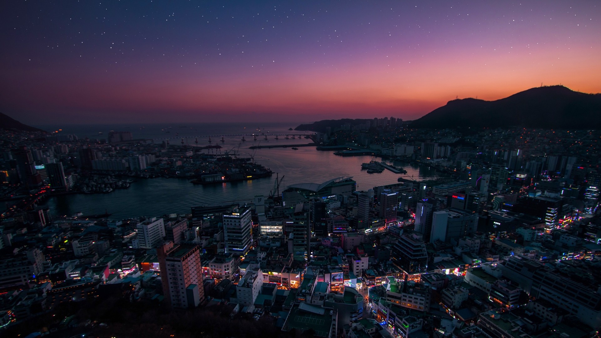 1920x1080  Wallpaper night city, aerial view, city lights, south korea