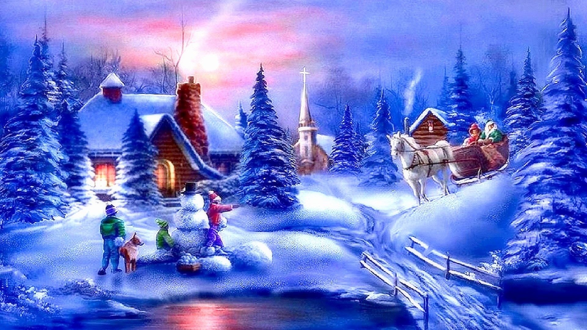 1920x1080 Holidays Tag - Carriage Greetings Winter Churches Creek Paintings Snowman  Horse Cottages Snow Love Year Seasons