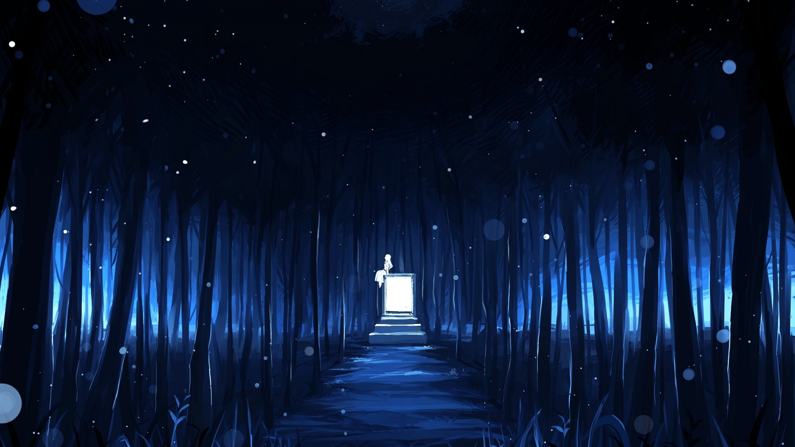 2560x1440 Anime Landscape, Dark Forest, Stars, Moon