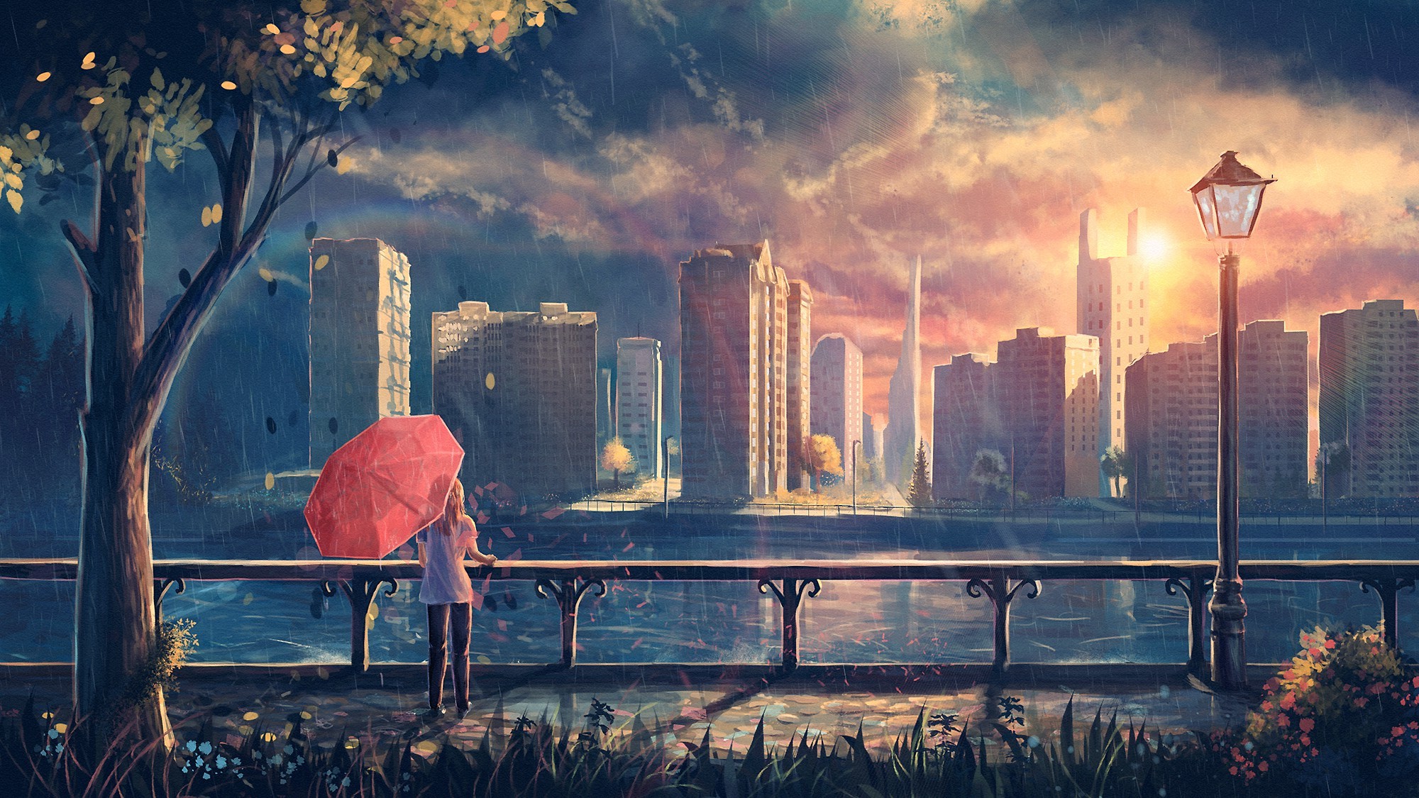 2000x1125 artwork, Fantasy Art, Anime, Rain, City, Park, Umbrella Wallpapers HD /  Desktop and Mobile Backgrounds
