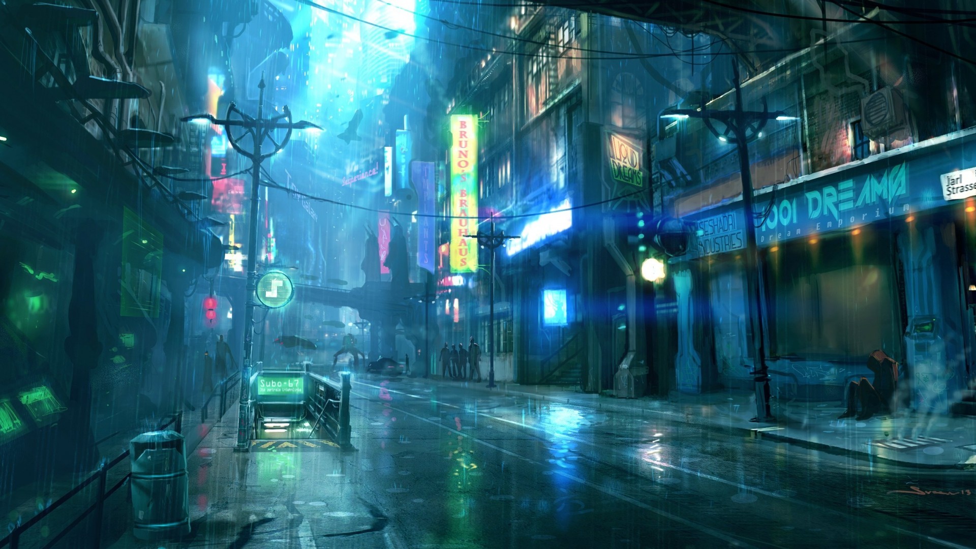 1920x1080 Cyberpunk, Futuristic, City, Raining, Street, Lights, People, Sci-