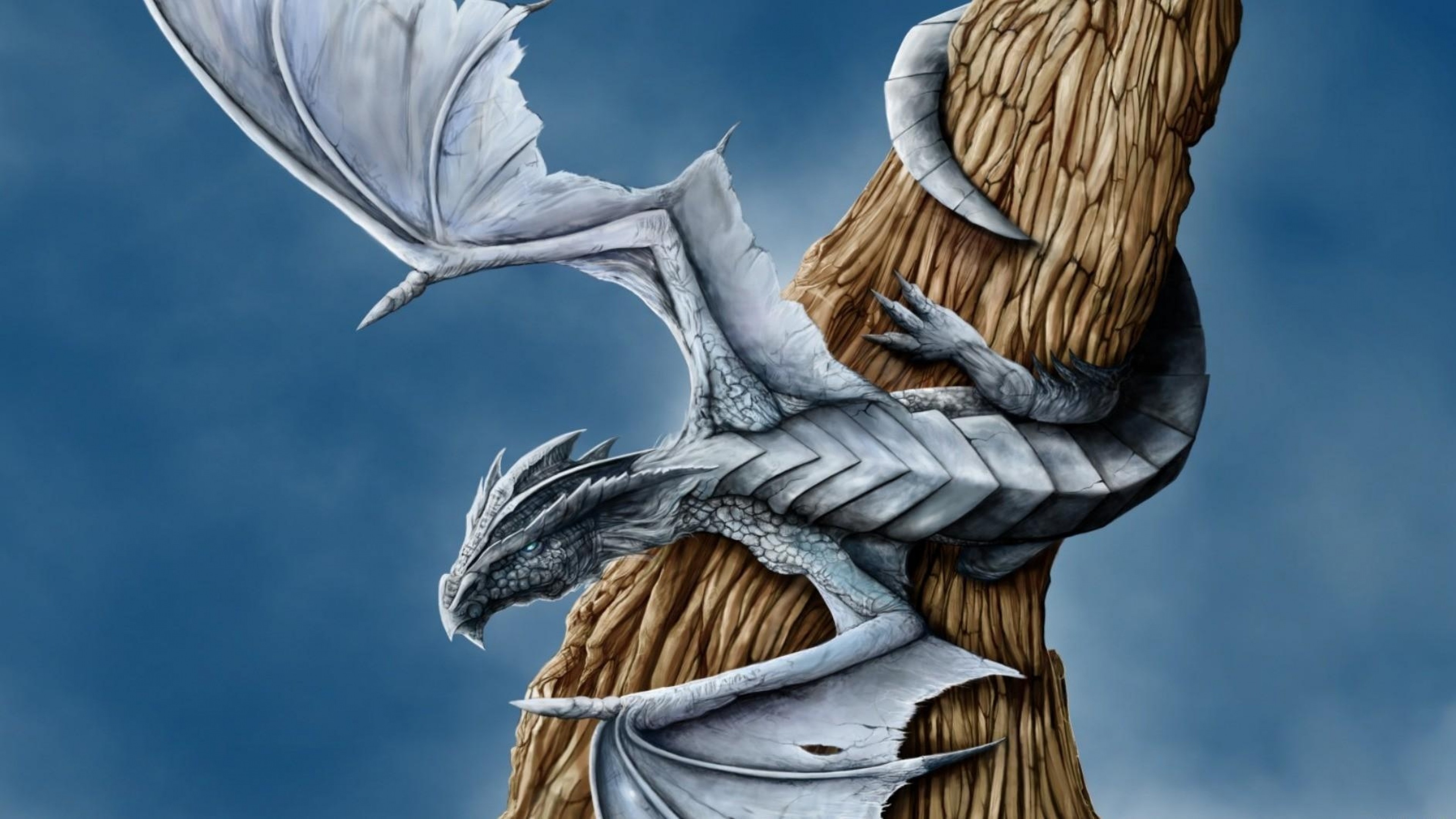 3840x2160  Wallpaper dragon, tree, wings, entwining