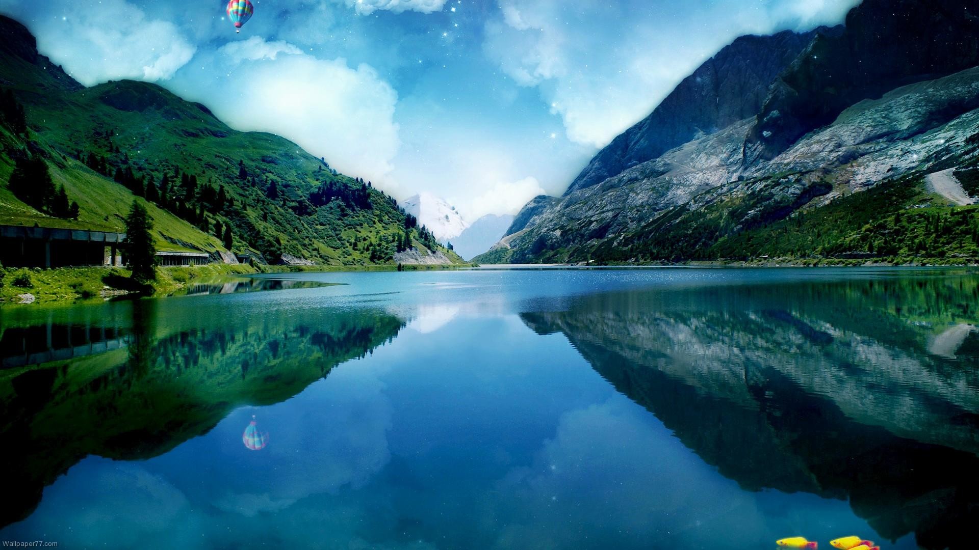 1920x1080 Fantasy-Lake-Landscape –blue-mountains-lakes-skyscapes-reflections-mountain-lake-sky-wallpaper -wp6405050