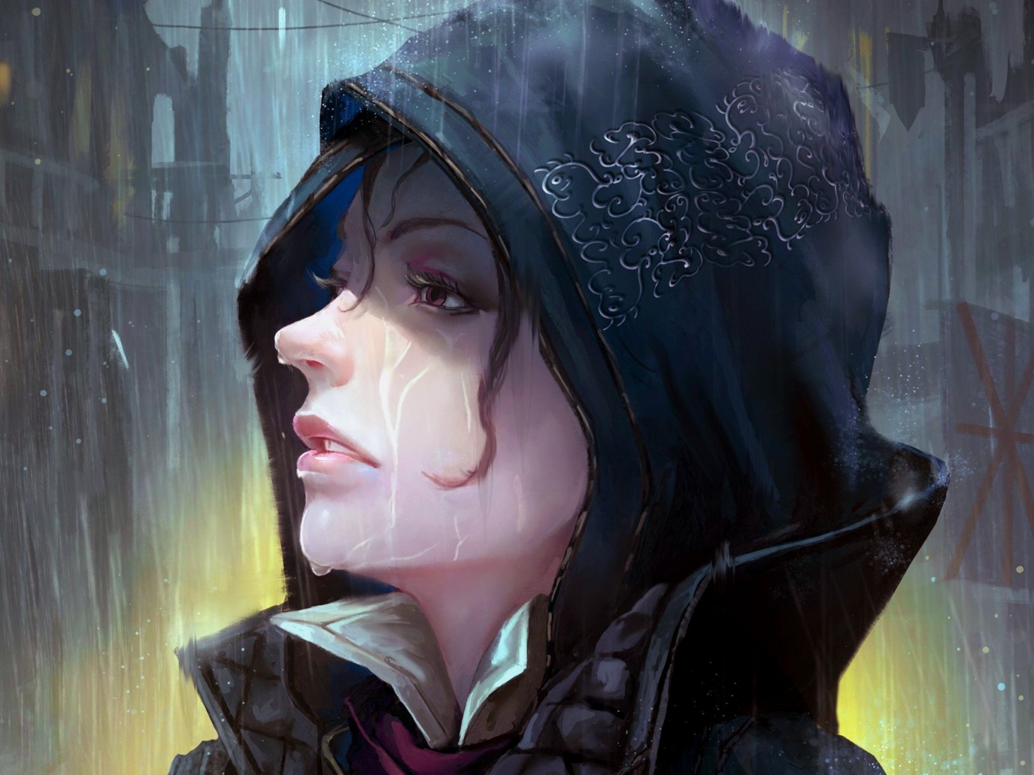 2048x1536 Assassin's Creed Syndicate, Evie Frye, Hood, Raining, Profile View