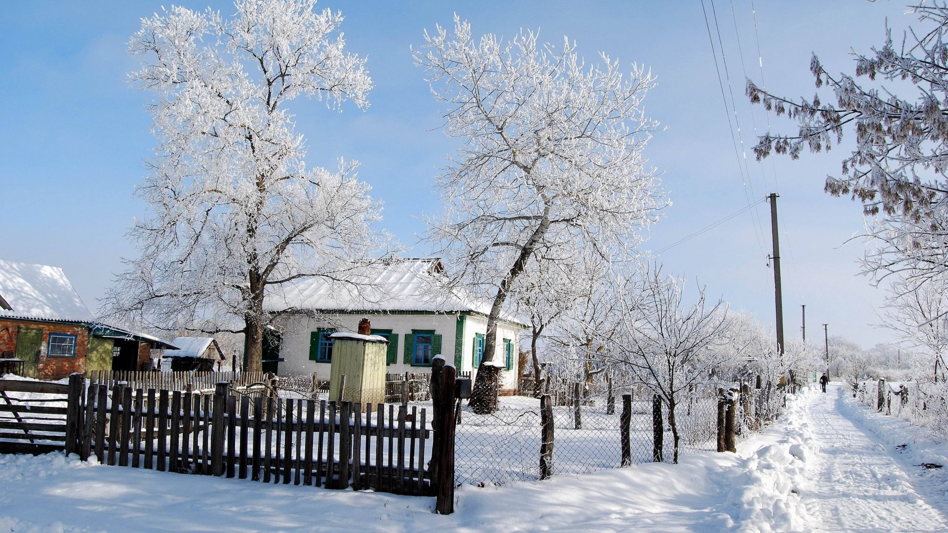 1920x1080  Wallpaper winter, snow, house, fence, village