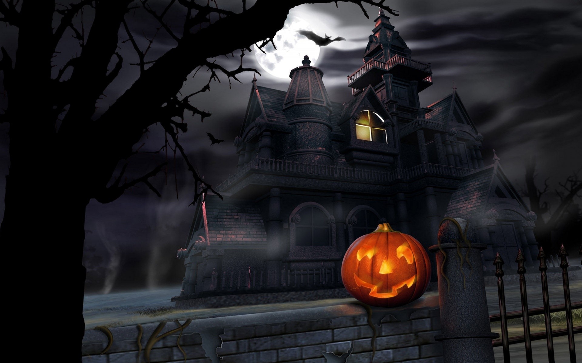 1920x1200 night, pumpkin, lock, moon, halloween, fencing, haunted house