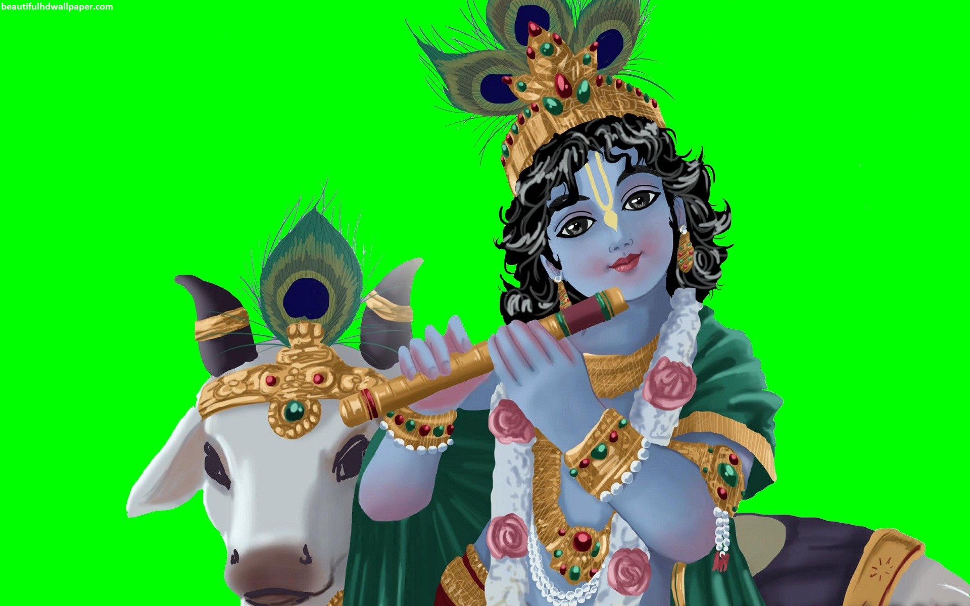 1920x1200 Shree Krishna playing flute with cow