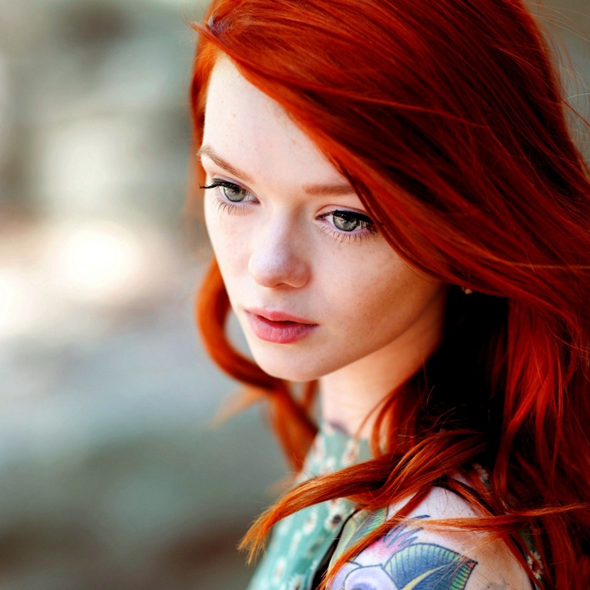 2048x2048 Preview wallpaper girl, redhead, tattoo, face, model 