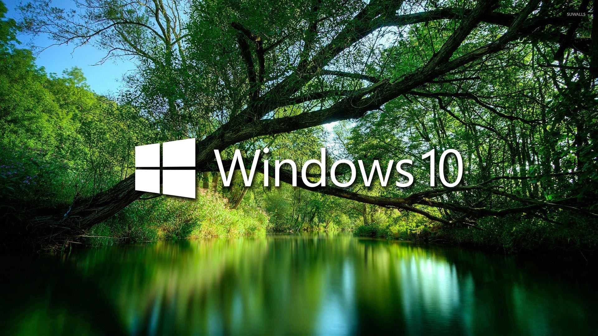 1920x1080 Windows 10 over a green lake white text logo wallpaper - Computer .