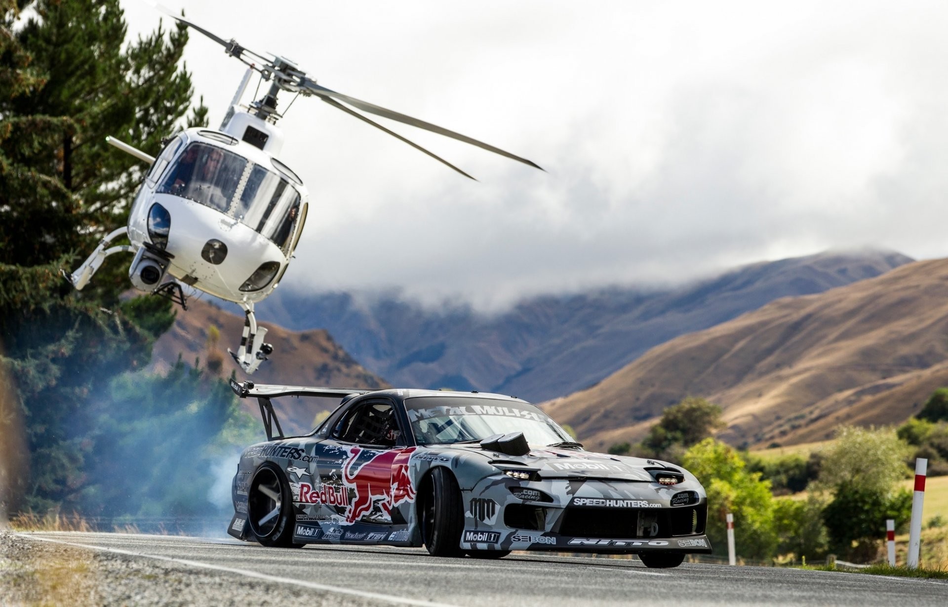 1920x1229 mazda rx7 red bull mad mike drift mountain helicopter drift mountain rx-7