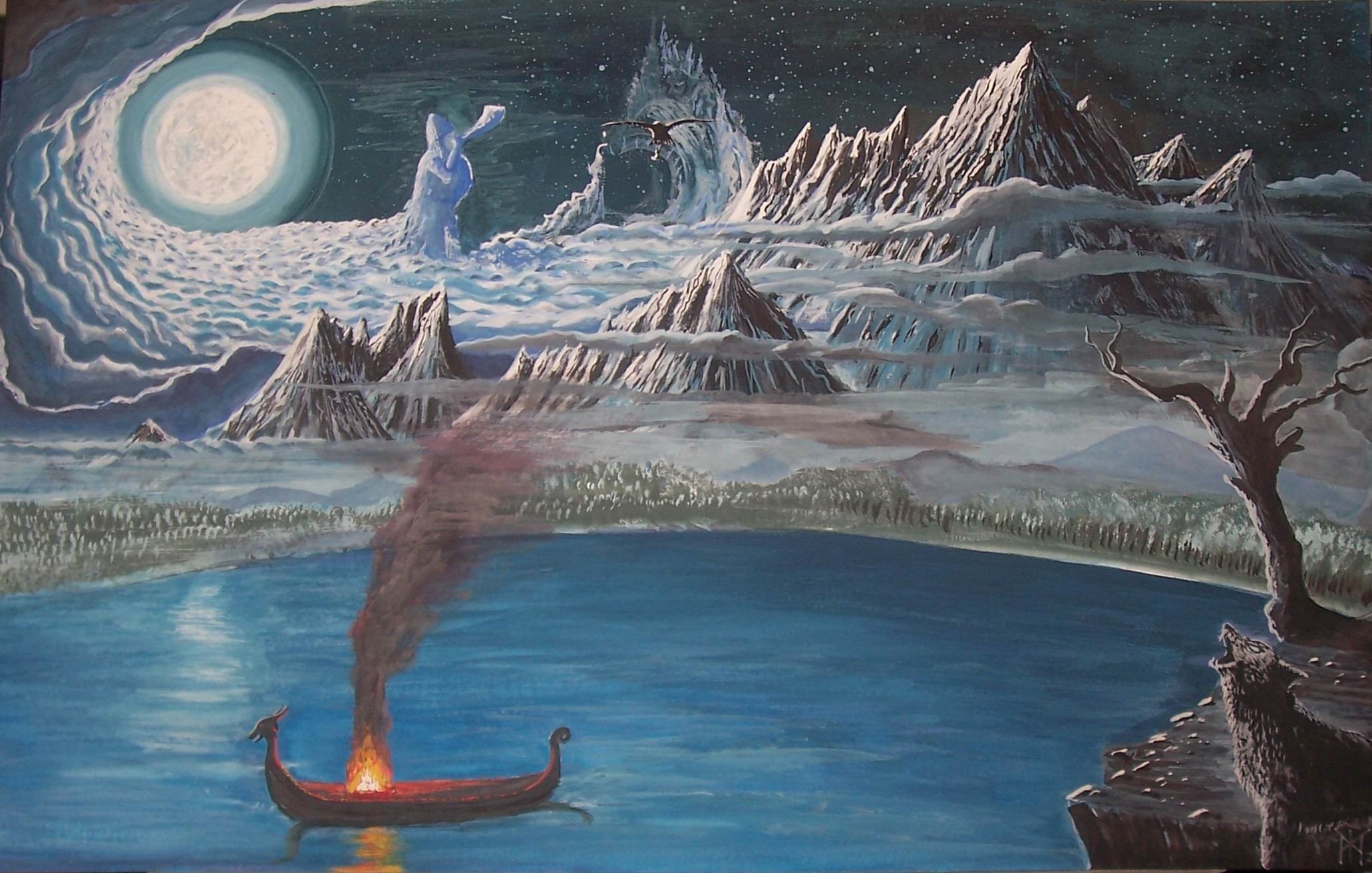2062x1312 painting, Norse, Mythology, Mountain, Boat, Fire Â· Vikings ...