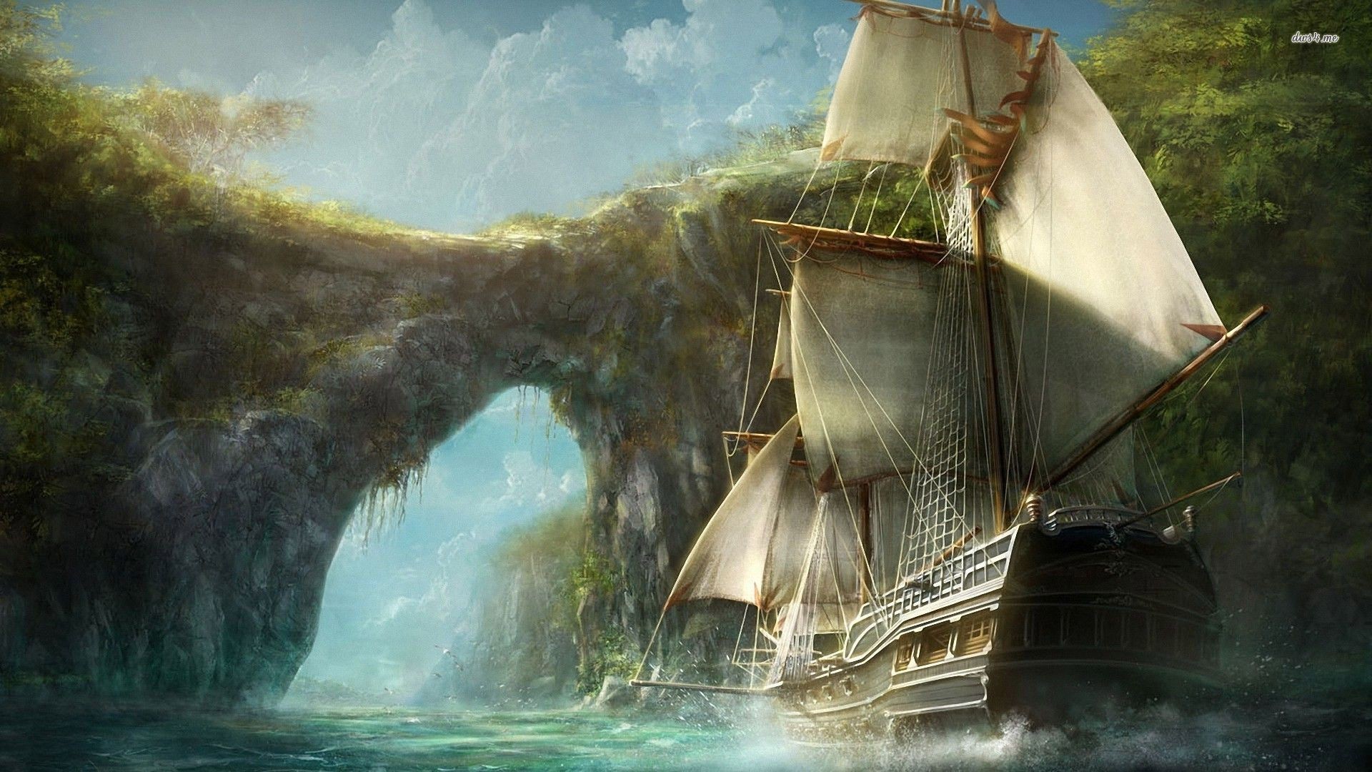 1920x1080 Medieval ship entering the island wallpaper - Fantasy wallpapers ... Desktop  ...