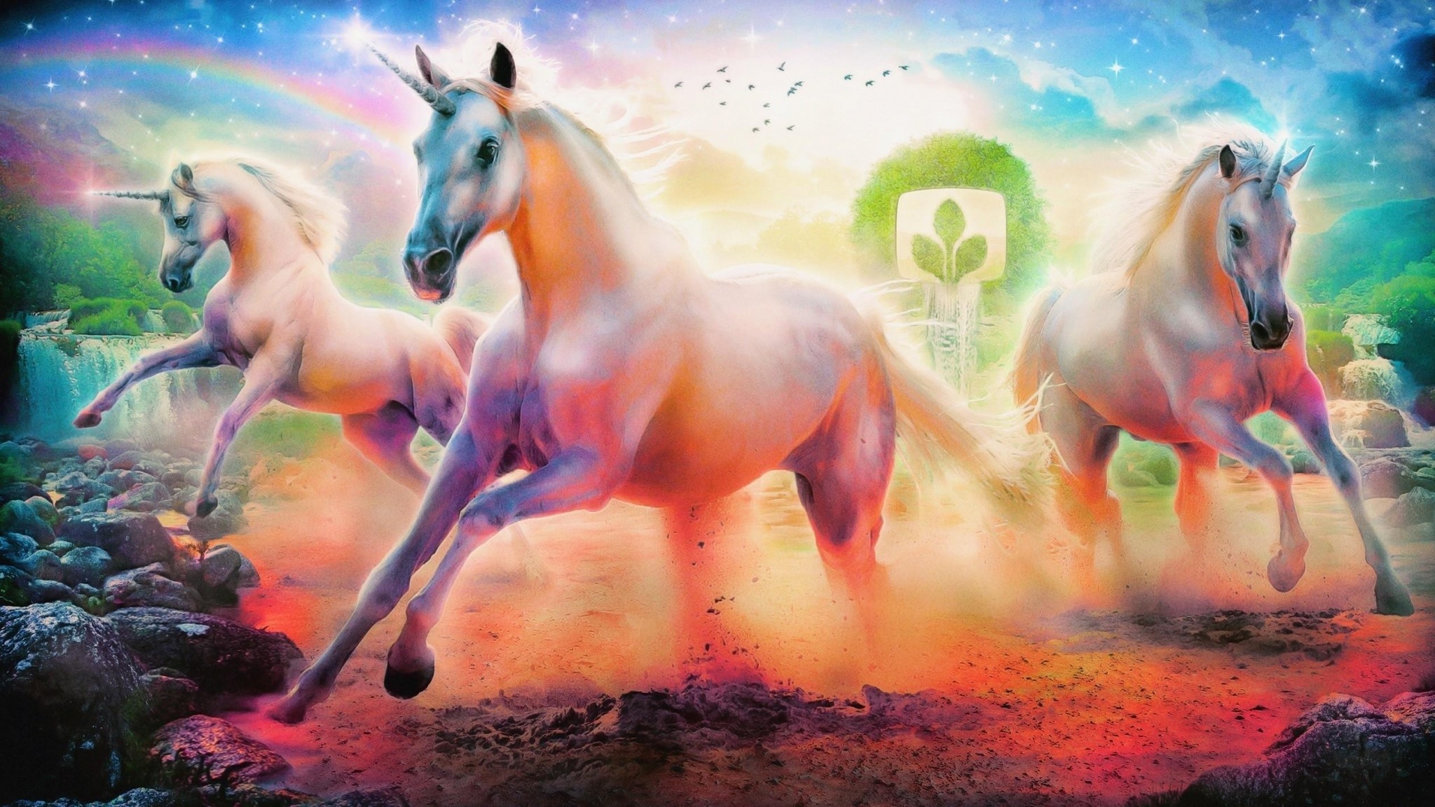 2048x1152  Wallpaper unicorns, horse, rainbow, emblem, tree, rocks