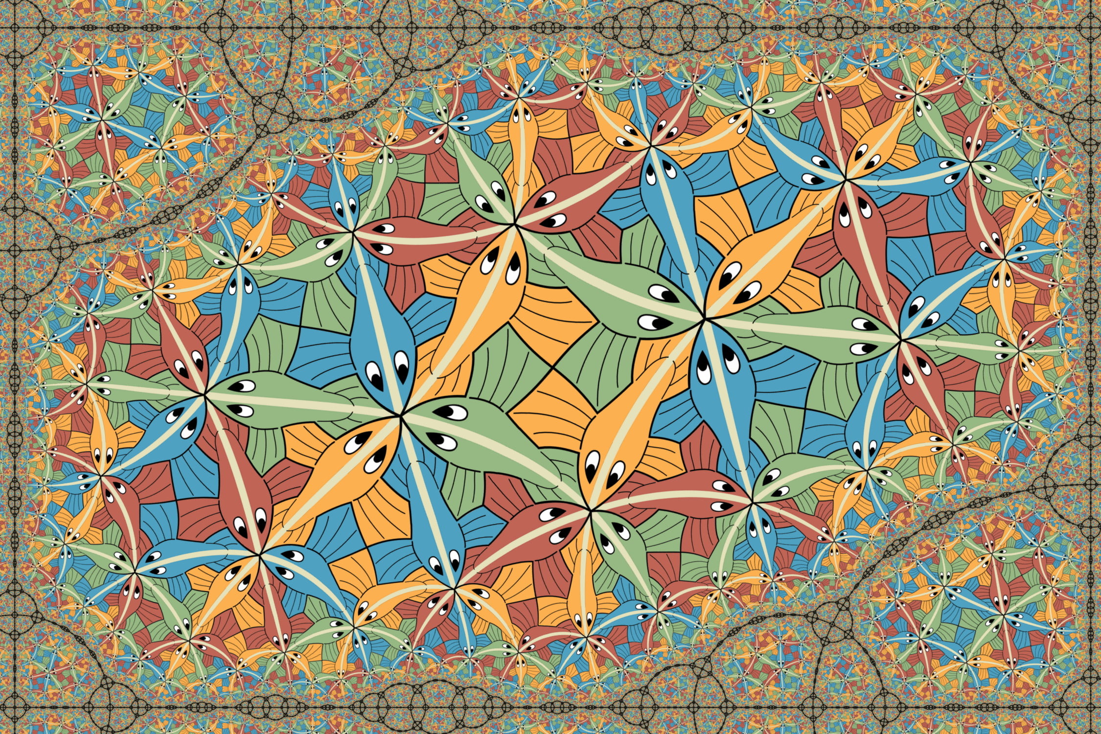 2250x1500 abstract painting, optical illusion, M. C. Escher, psychedelic, animals HD  wallpaper