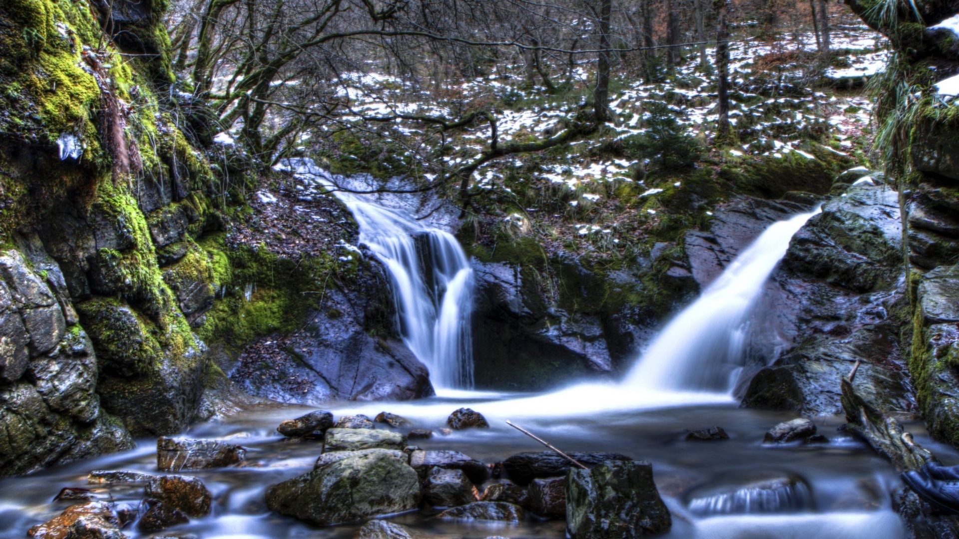 1920x1080 Waterfalls - Mountain Cove Autumn Fantasy Snow Water Winter Creek Nature  Stream Belgium Tree Magic Fall