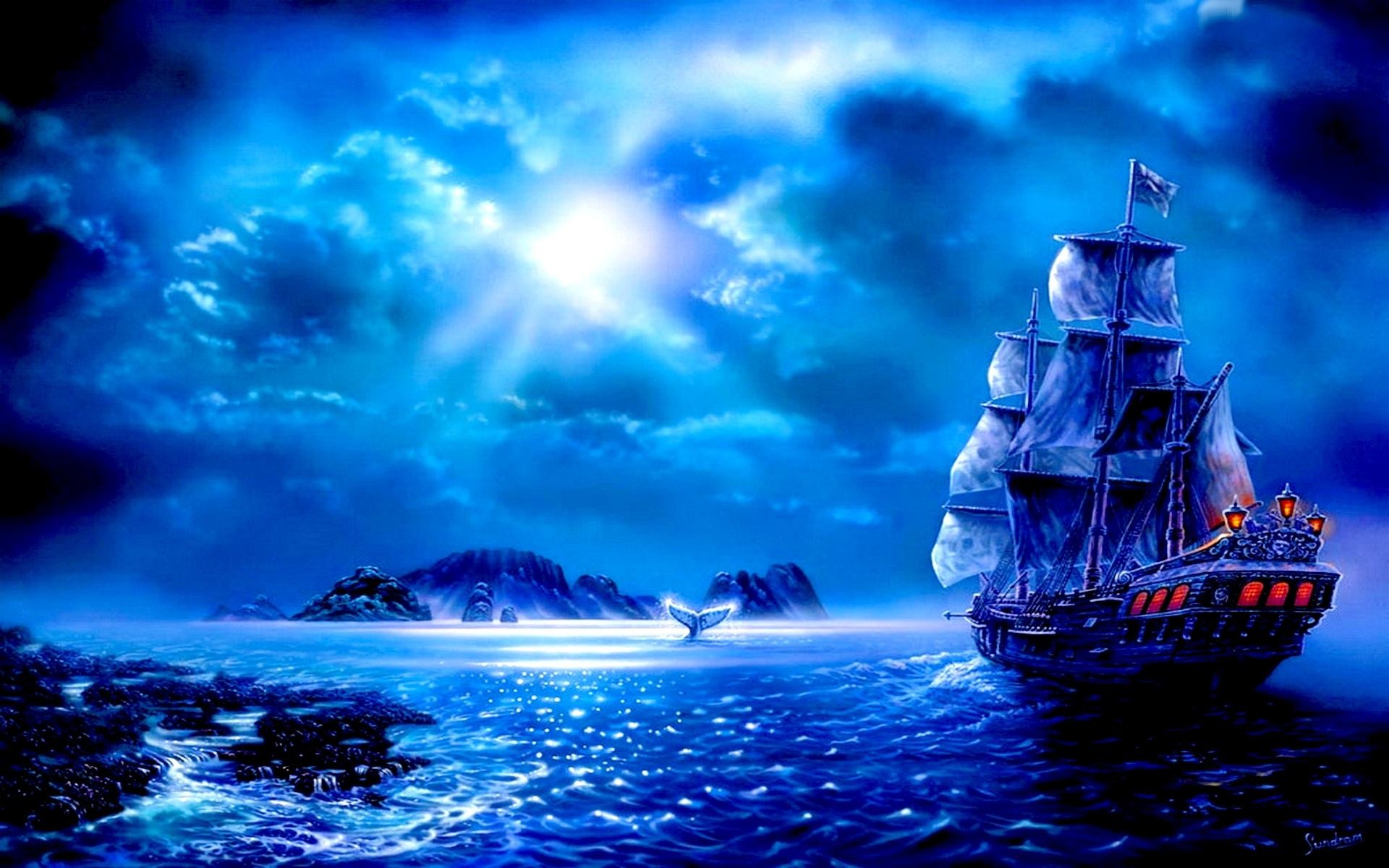 1920x1200 Fantasy - Ship Fantasy Blue Sailboat Moon Cloud Pirate Ocean Wallpaper