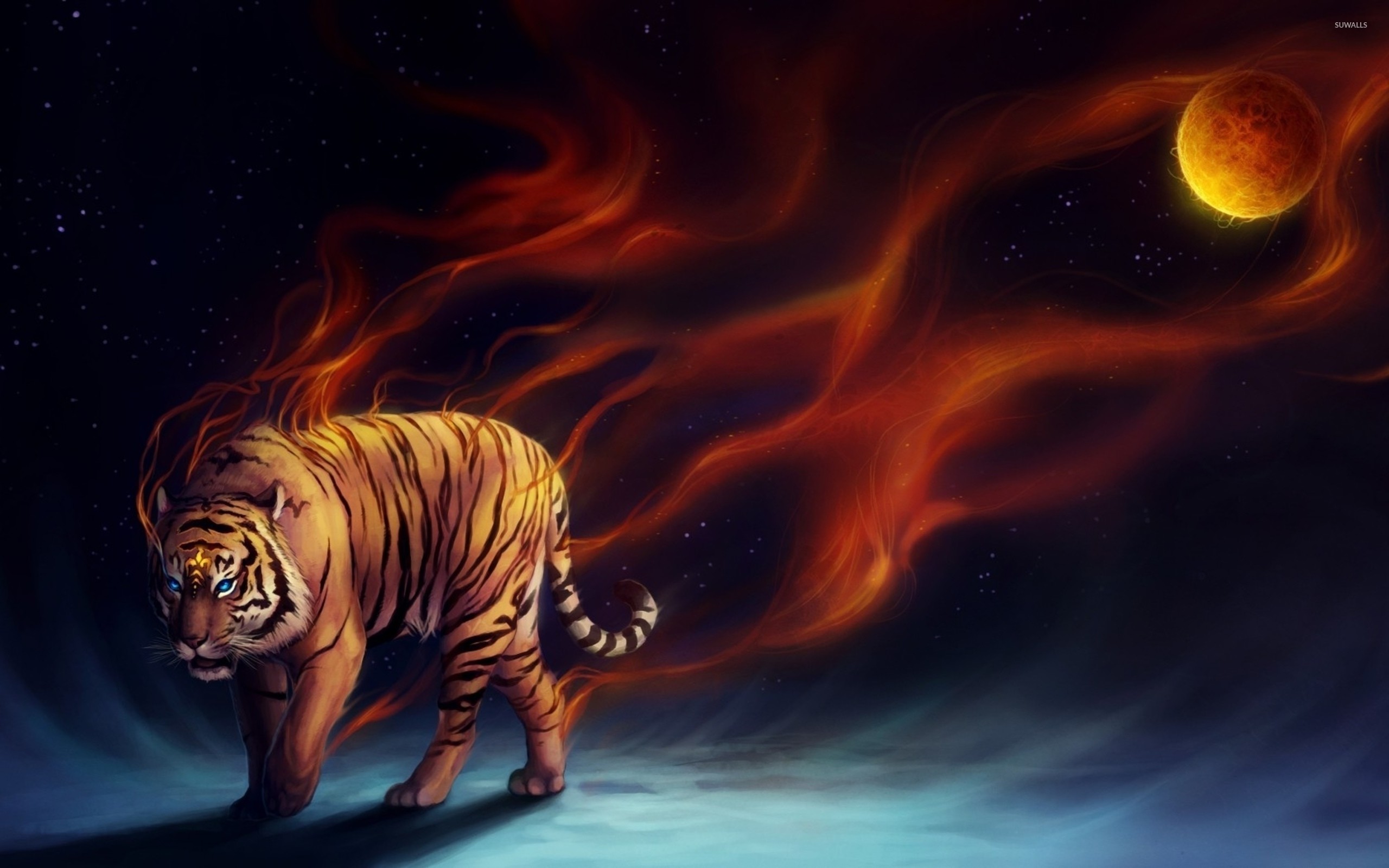 2560x1600 Flaming tiger walking into the darkness wallpaper