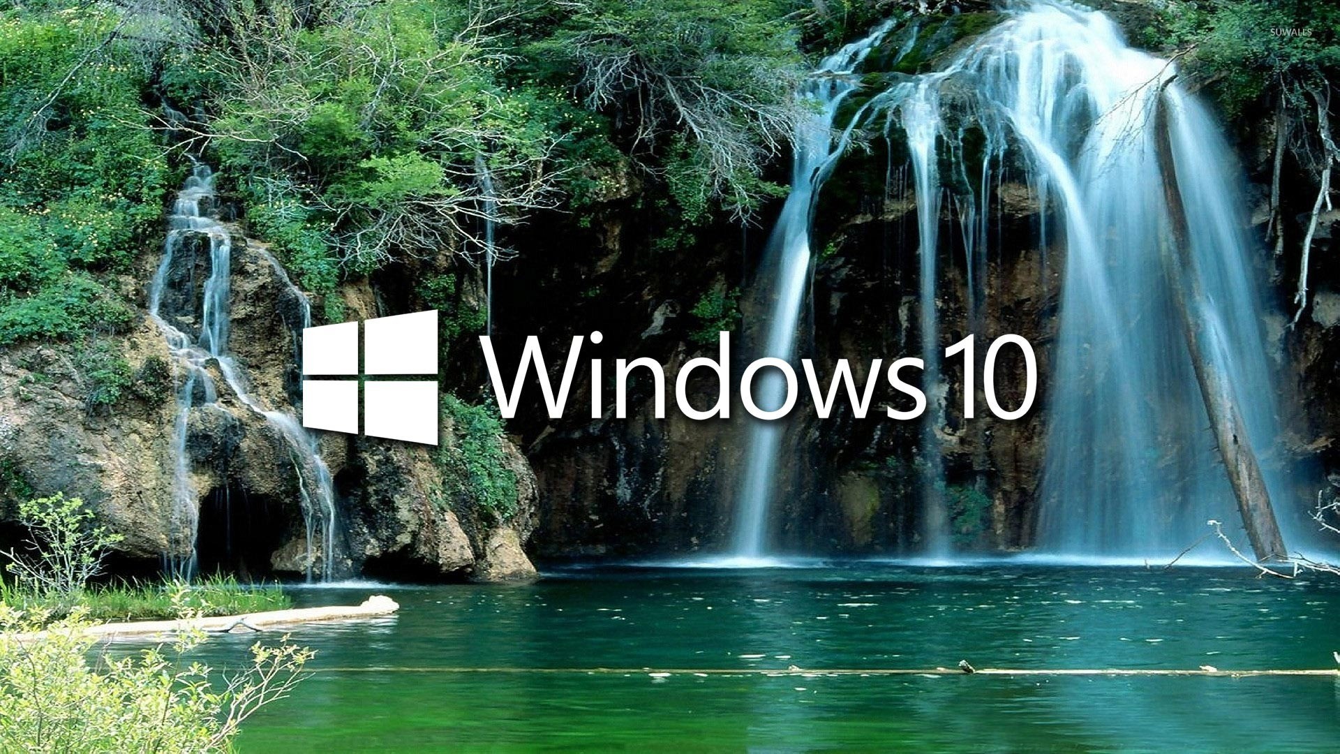 1920x1080 Windows 10 over the waterfall logo with text wallpaper