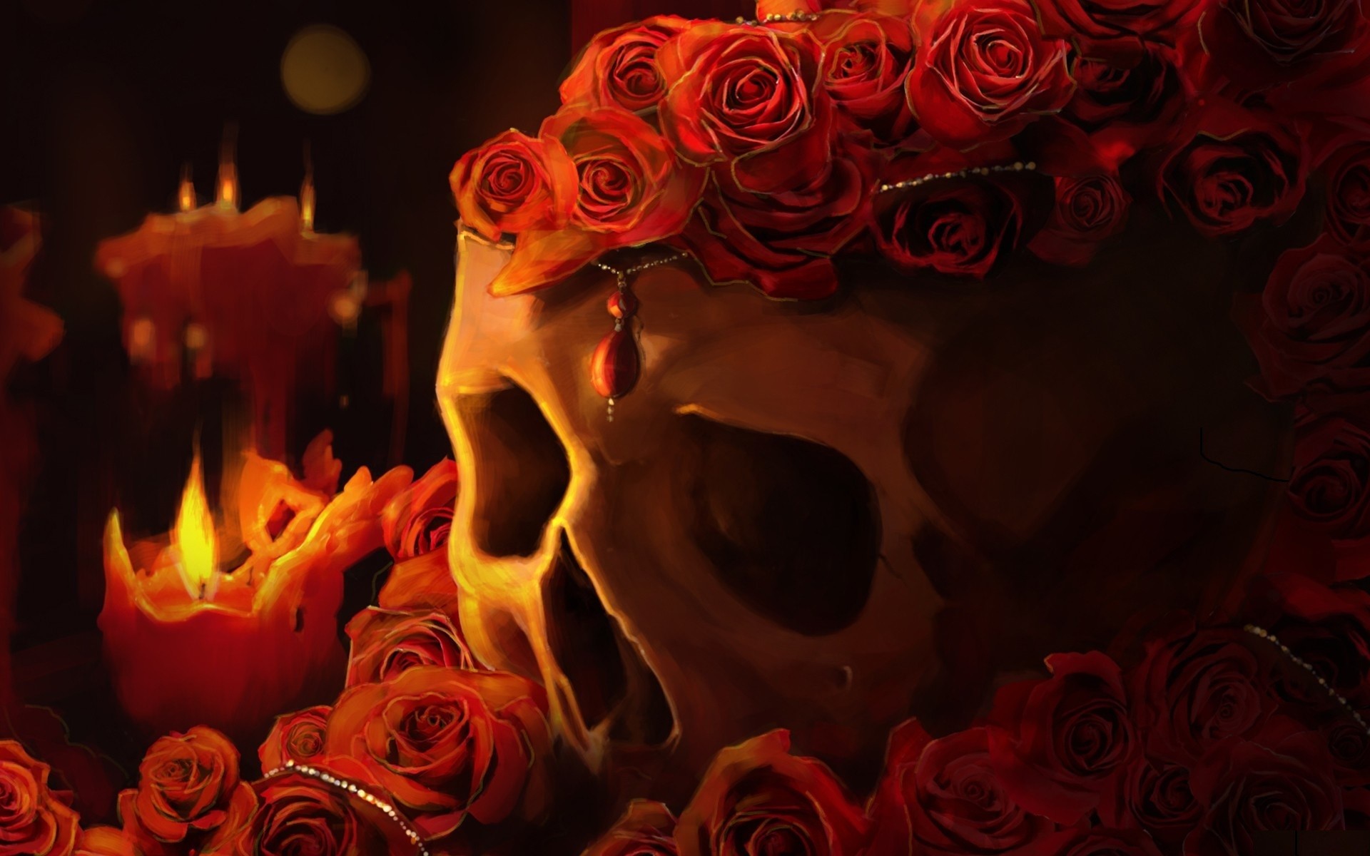 1920x1200 Skull, pendants, red, rose, flowers, candles, fire, flame wallpapers