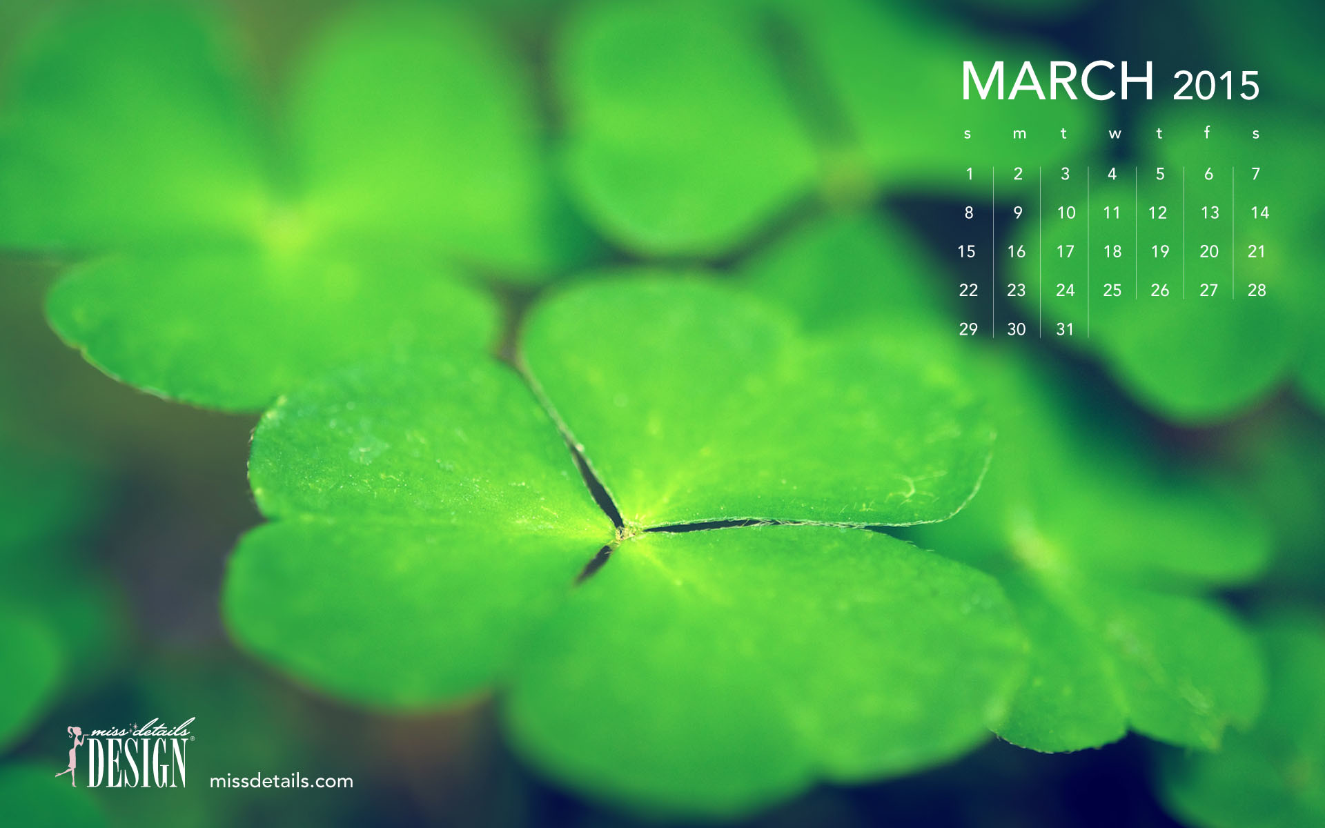 1920x1200 Free March 2015 desktop calendar from missdetails.com - Green Clovers