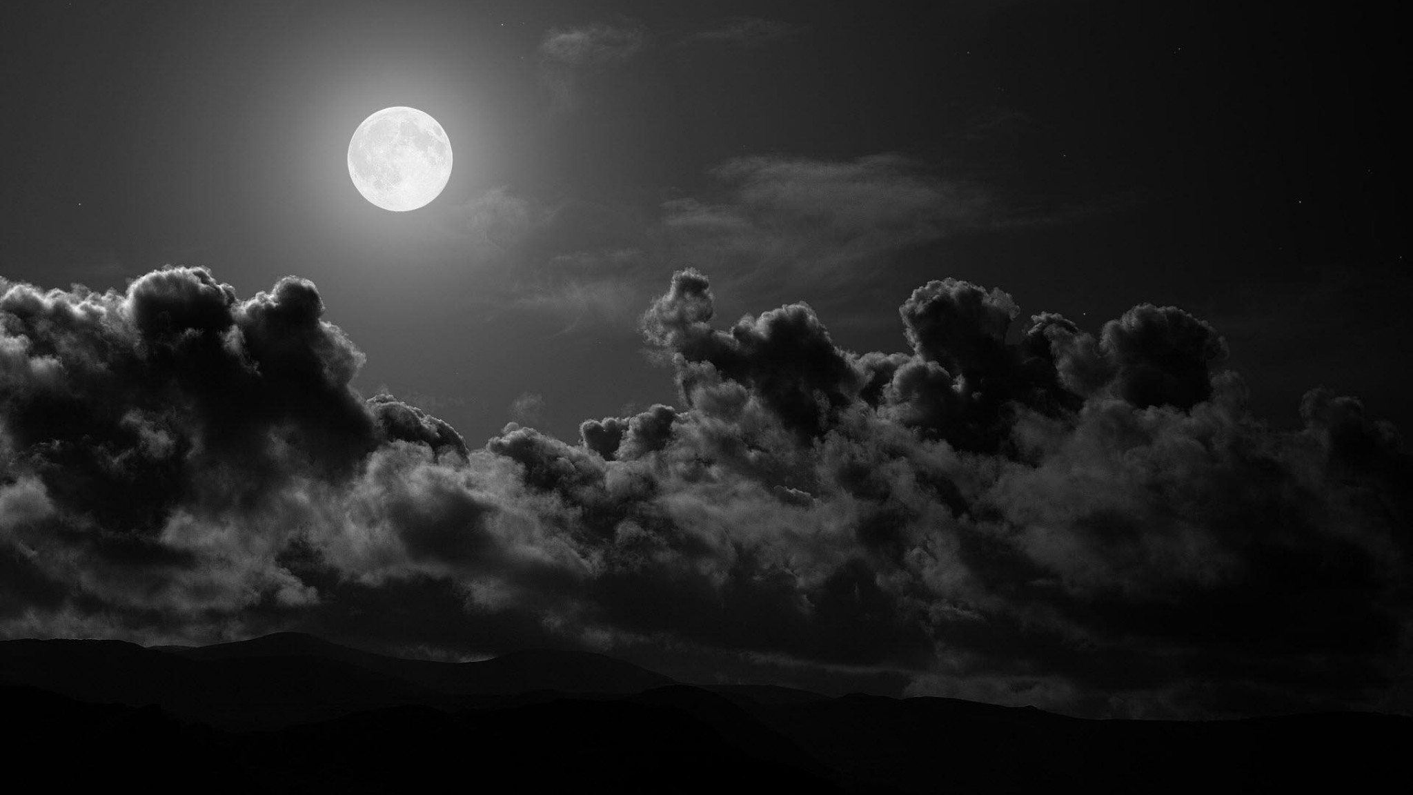 2048x1152 Preview wallpaper moon, clouds, sky, black-and-white 