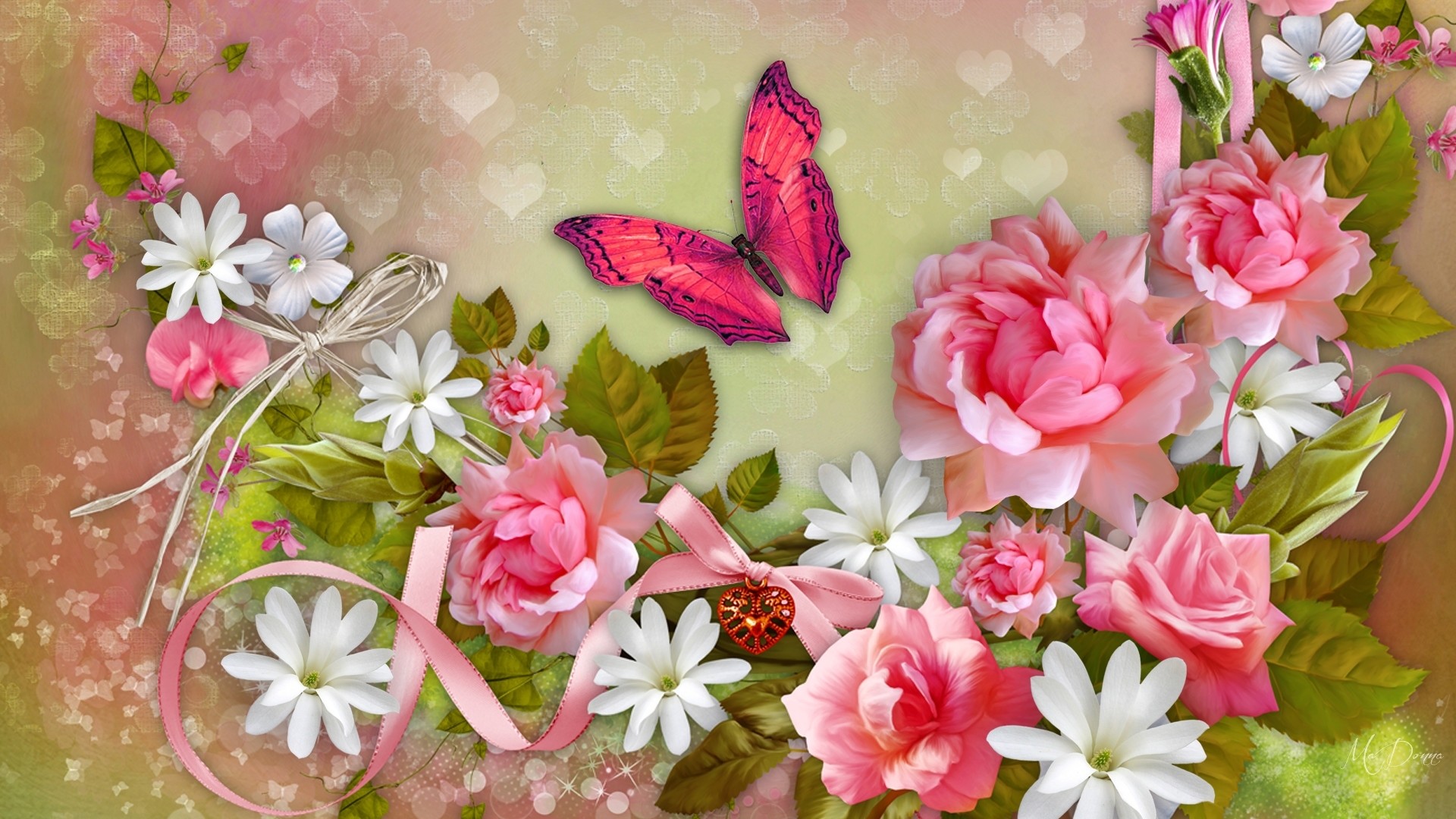 1920x1080 Artistic - Butterfly Artistic Flower Pink White Ribbon Wallpaper