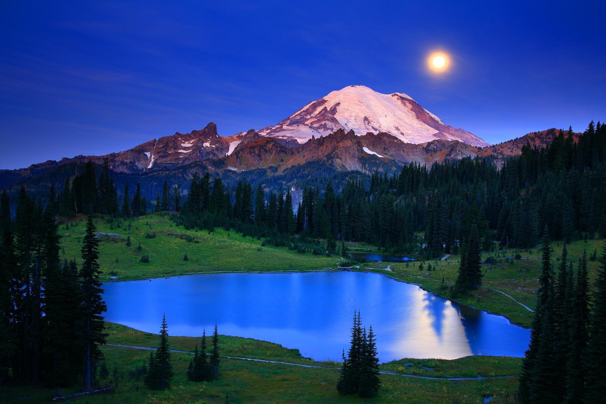 2100x1400 Washington Lake Mountains Landscape Moon Moonlight Night Reflection wide