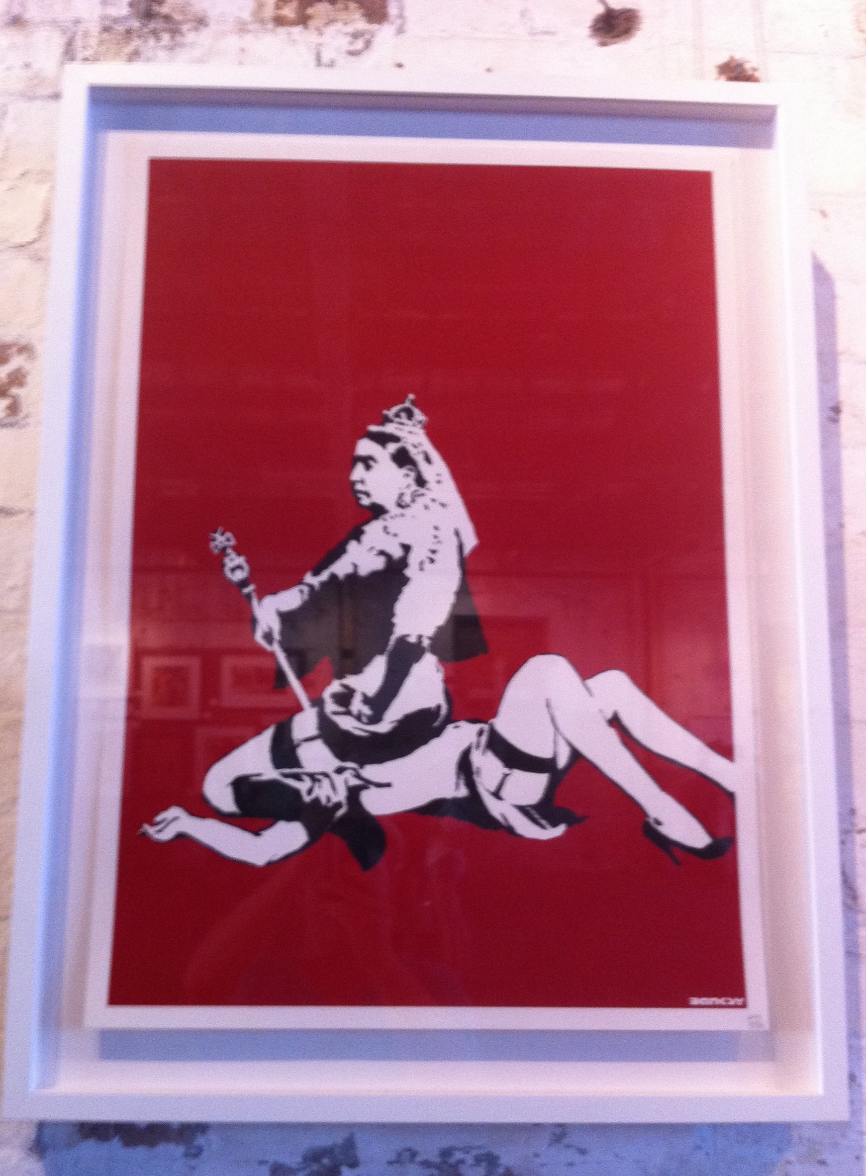 1723x2339 Banksy print of Queen Victoria sitting on the face of another woman, red  background with