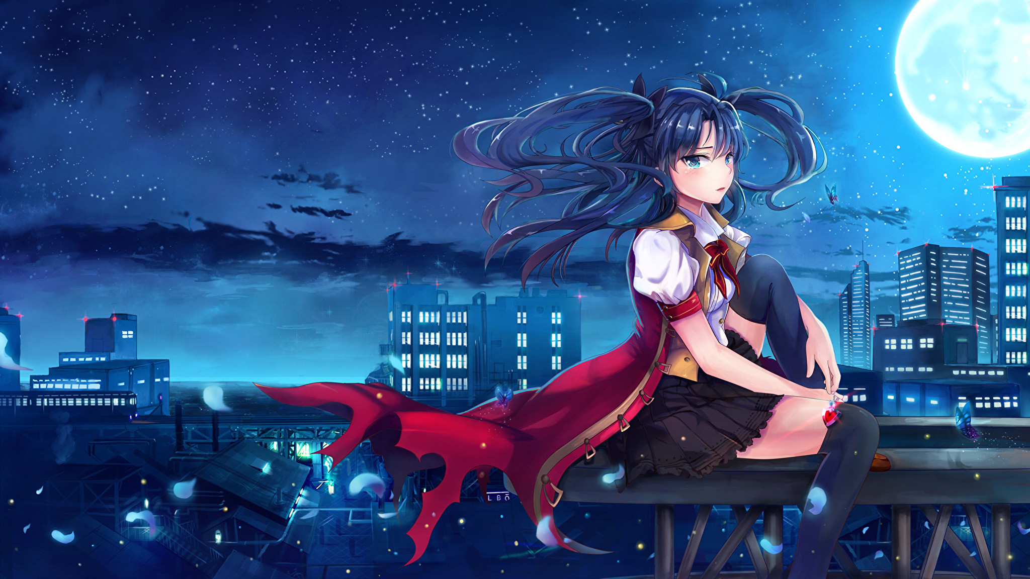 2048x1152 Pictures Fate: Stay Night Night time Moon l.bou tohsaka rin Girls