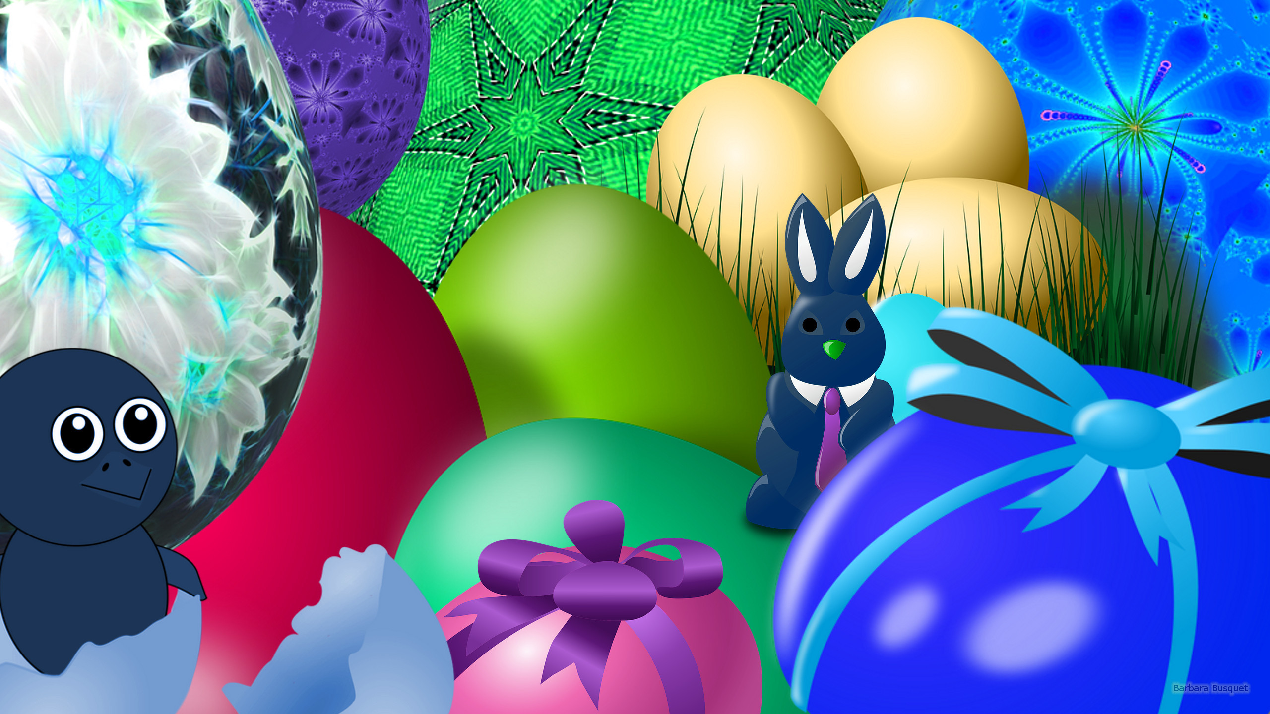 2560x1440 Easter wallpaper with bunny and chicken.