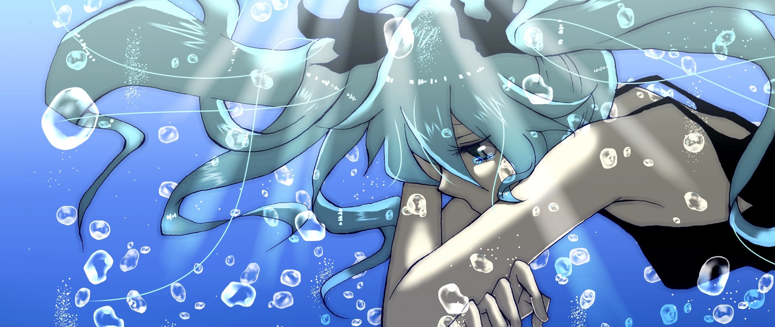 2560x1080  Wallpaper anime, girl, water, bubbles, sadness