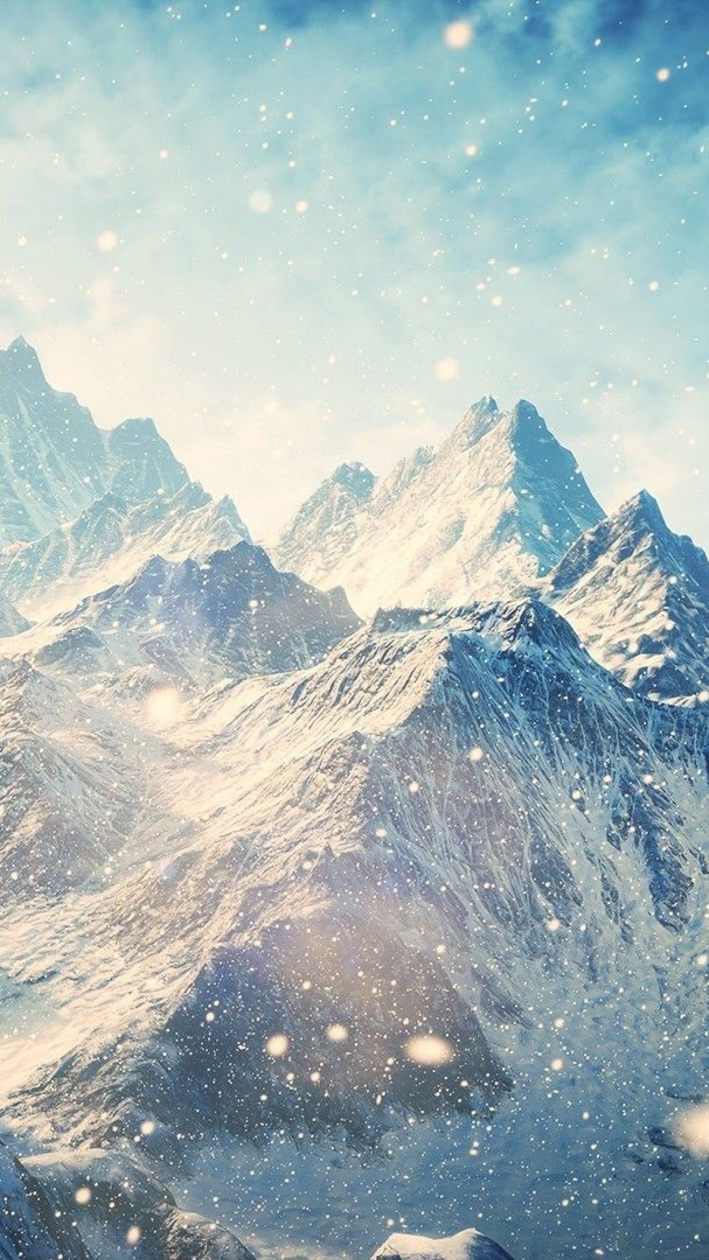 1440x2560 Preview wallpaper skyrim, mountains, winter, snow, shine, glare 