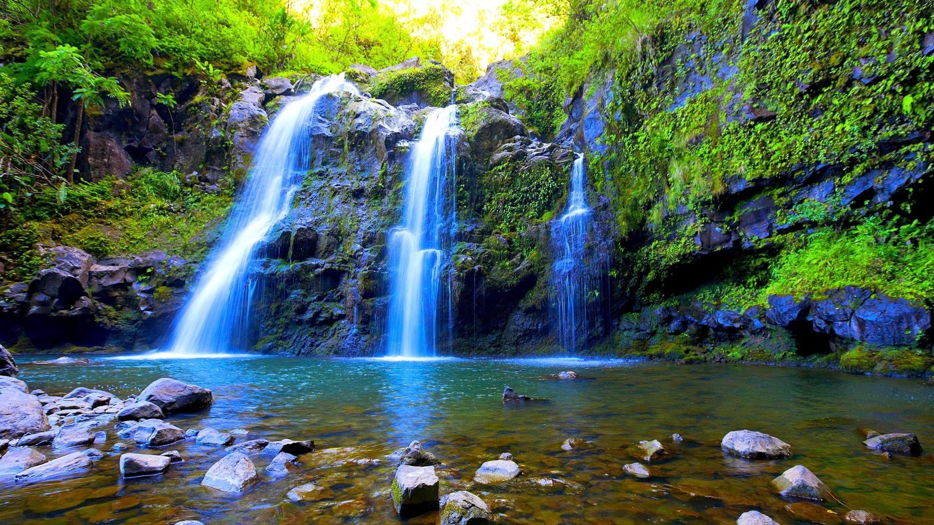 1920x1080 Waterfalls - Moss Triple Waterfalls Pool Rocks Wonderful Falls Waterfall  Desktop Wallpaper Free Download for HD