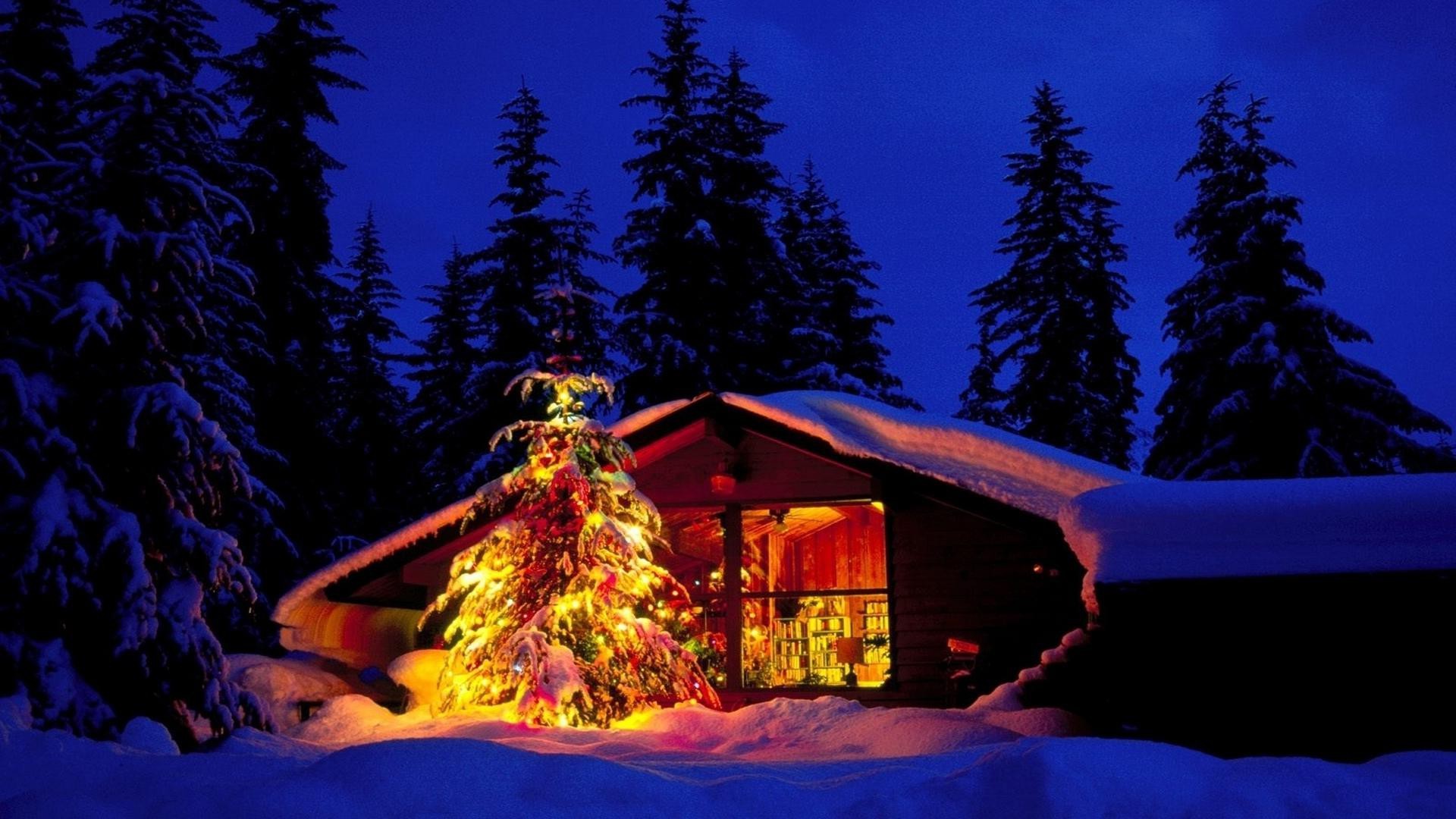 1920x1080 Free Christmas Cabin And Tree In Deep Snow - Landscapes Christmas Desktop  Wallpaper and Computer Background
