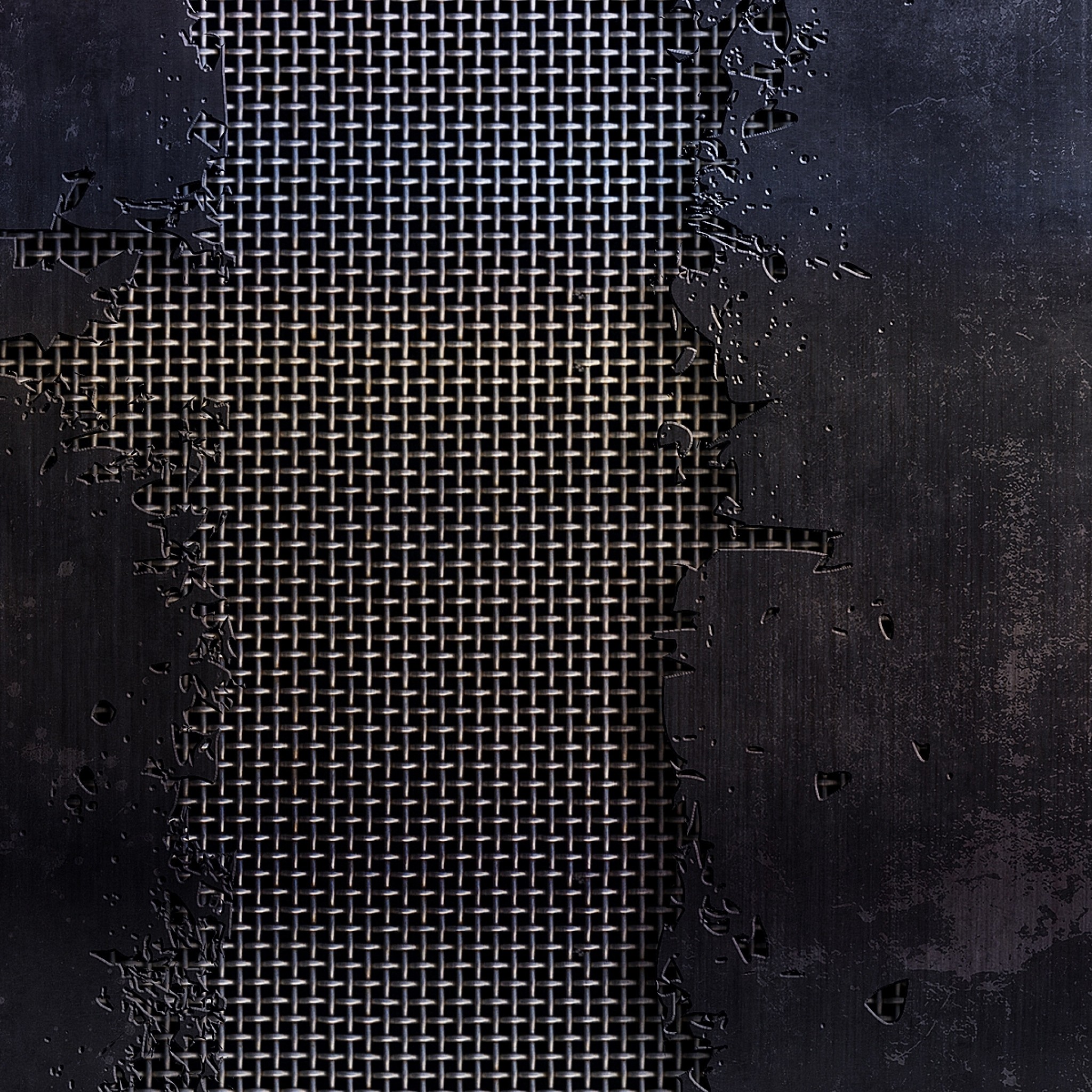 2048x2048  Wallpaper metal, mesh, cracks, scratches, black and white, texture