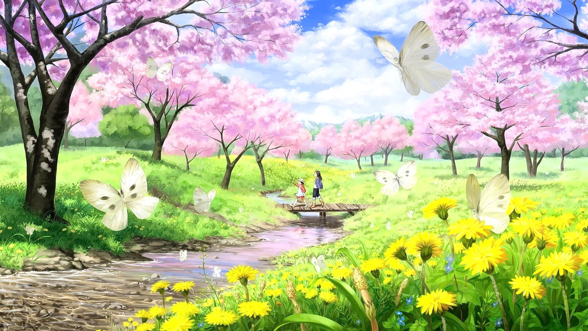 1920x1080 Anime  anime anime girls long hair short hair butterfly cherry  blossom