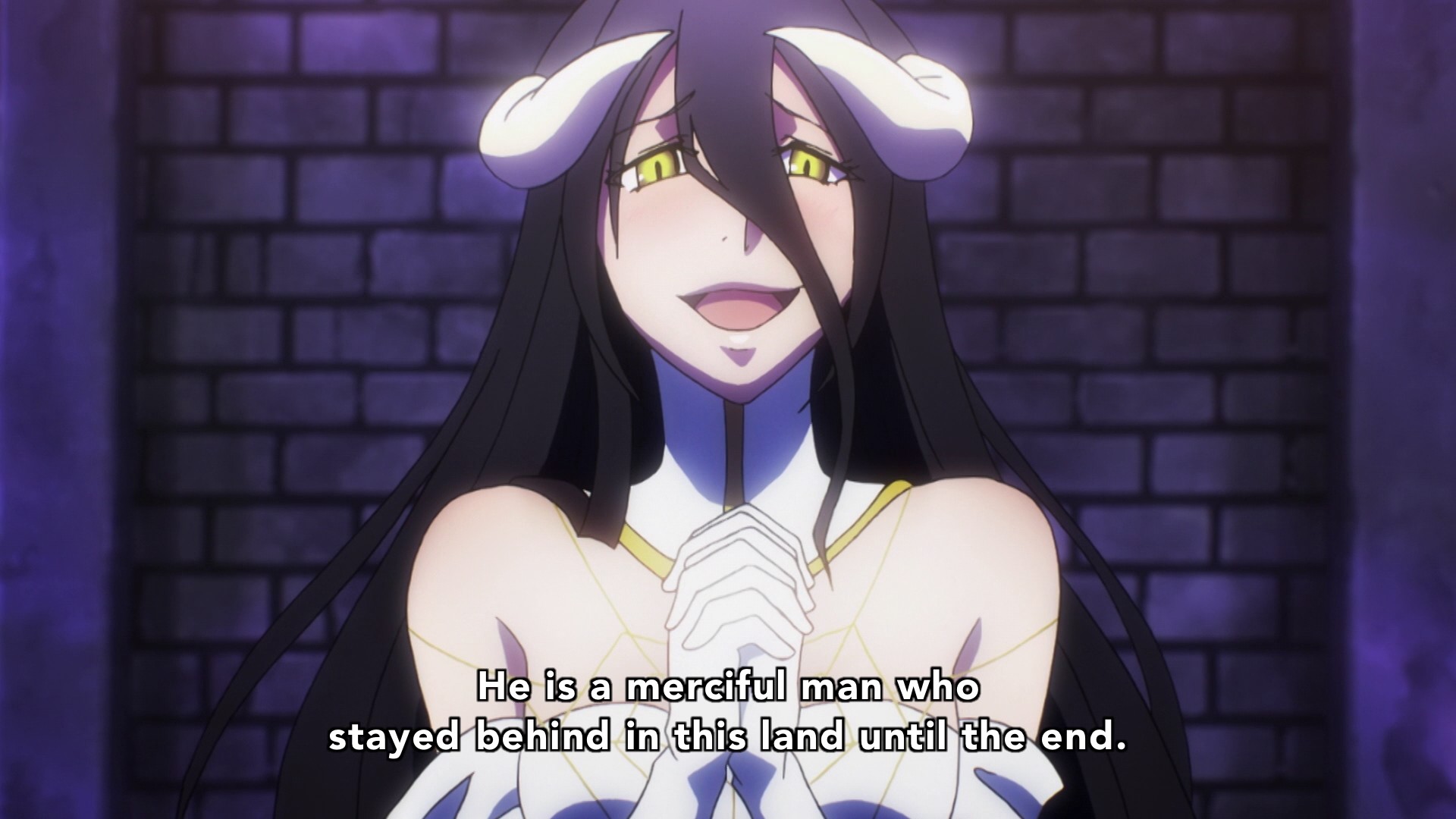 1920x1080 Albedo also mentions Momonga staying "until the end." Demiurge notices that  Shalltear still hasn't risen from her kneeling position.