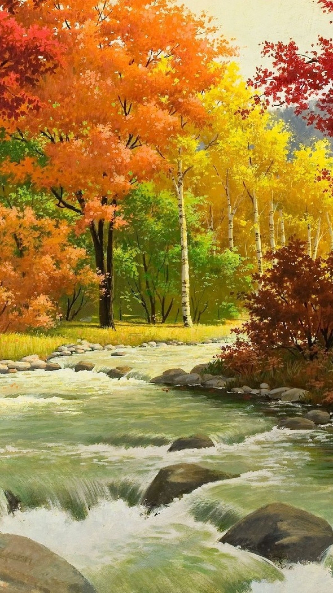 1080x1920 autumn, landscape, painting, river, wood