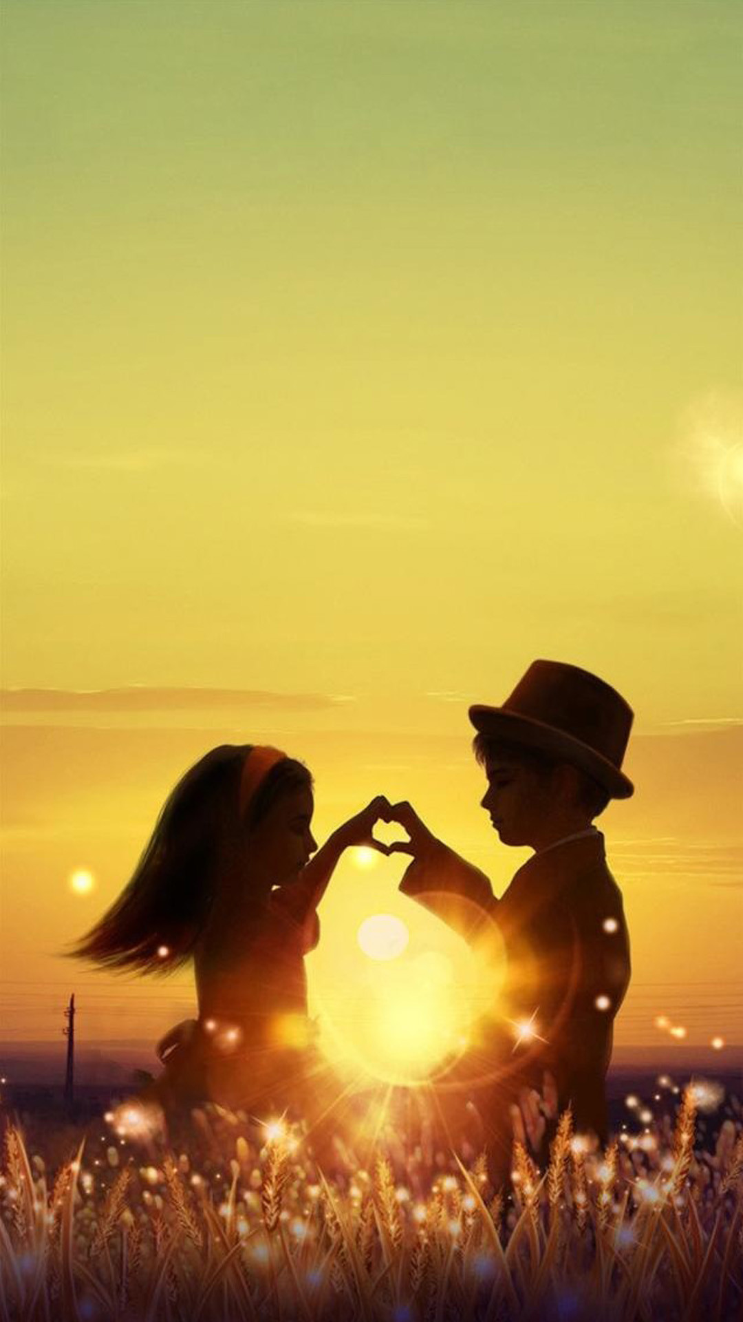 1080x1920 ... Sunset Love Cute Kids Couple Sunlight Flowers Field iPhone 8 wallpaper.
