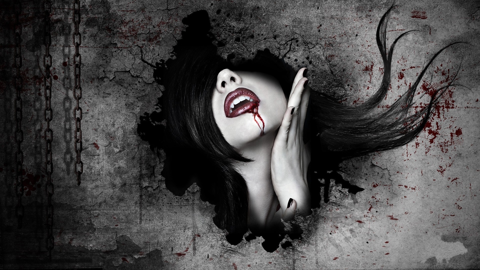 1920x1080 Download wallpaper dark Vampire with tags: Dark, Woman, Beautiful, PC,  Black, Fantasy, Vampire, Blood, Lipstick, Fangs