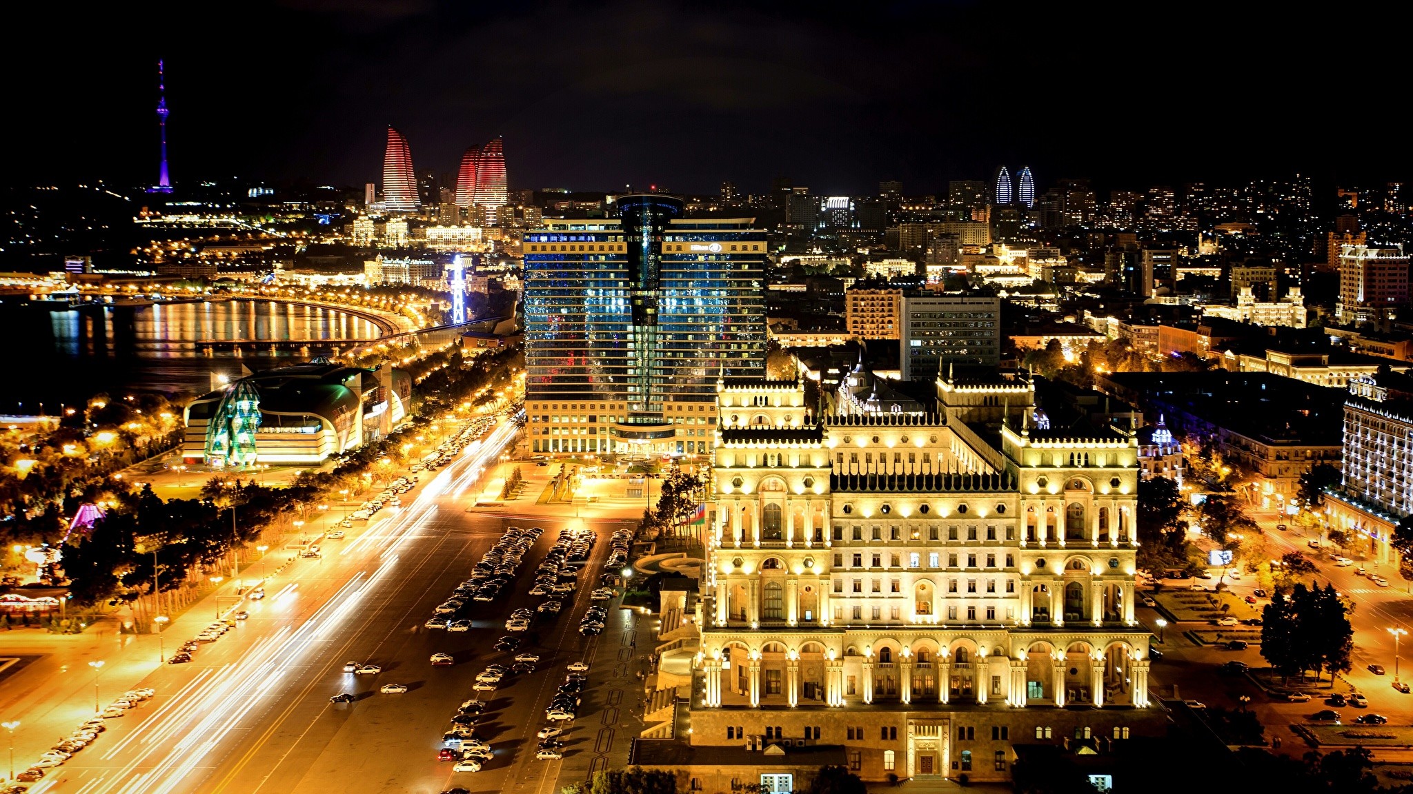 2048x1152 Wallpaper Baku Azerbaijan night time Cities Building  Night Houses