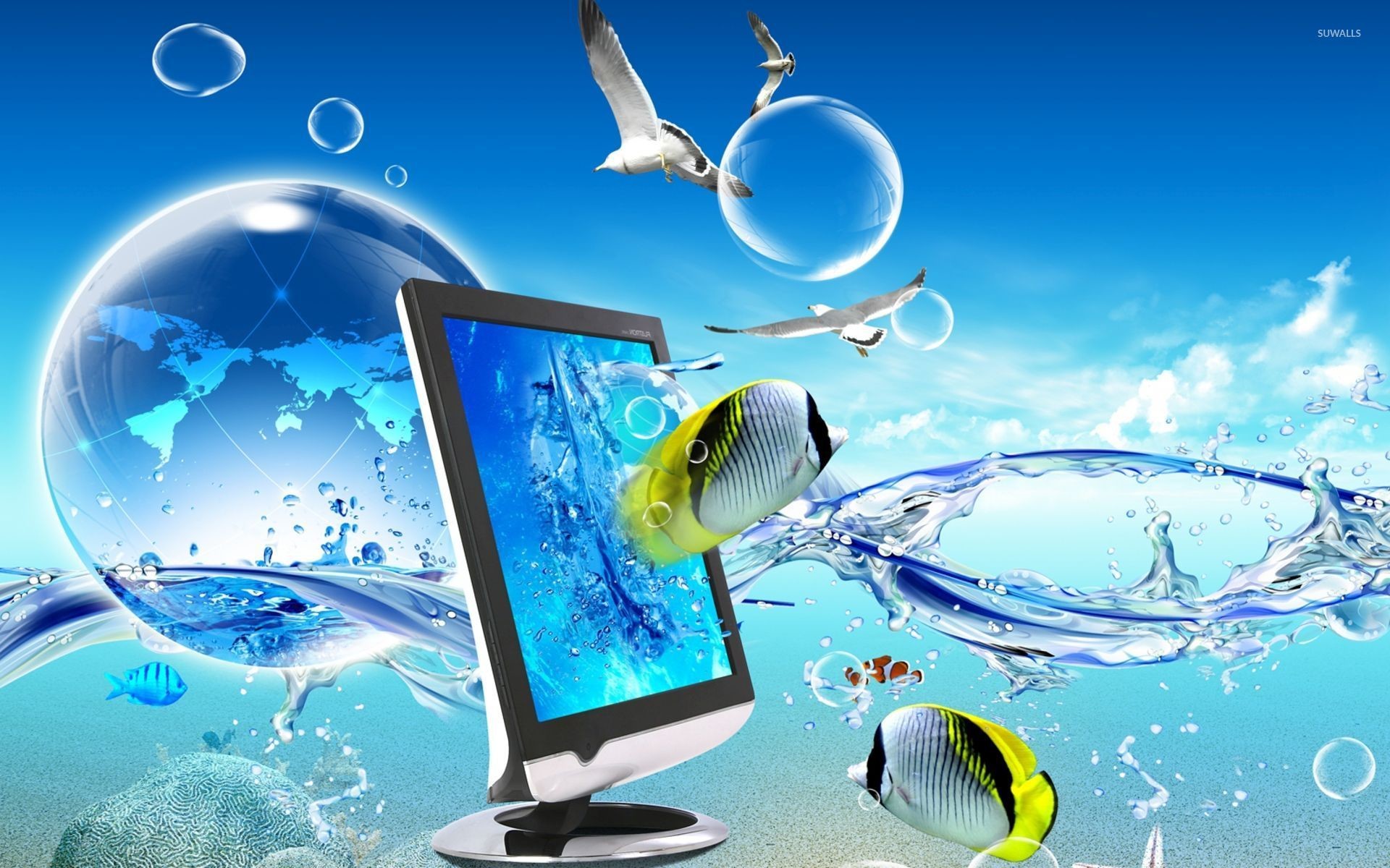 1920x1200 Monitor, fish and seagulls in the ocean wallpaper