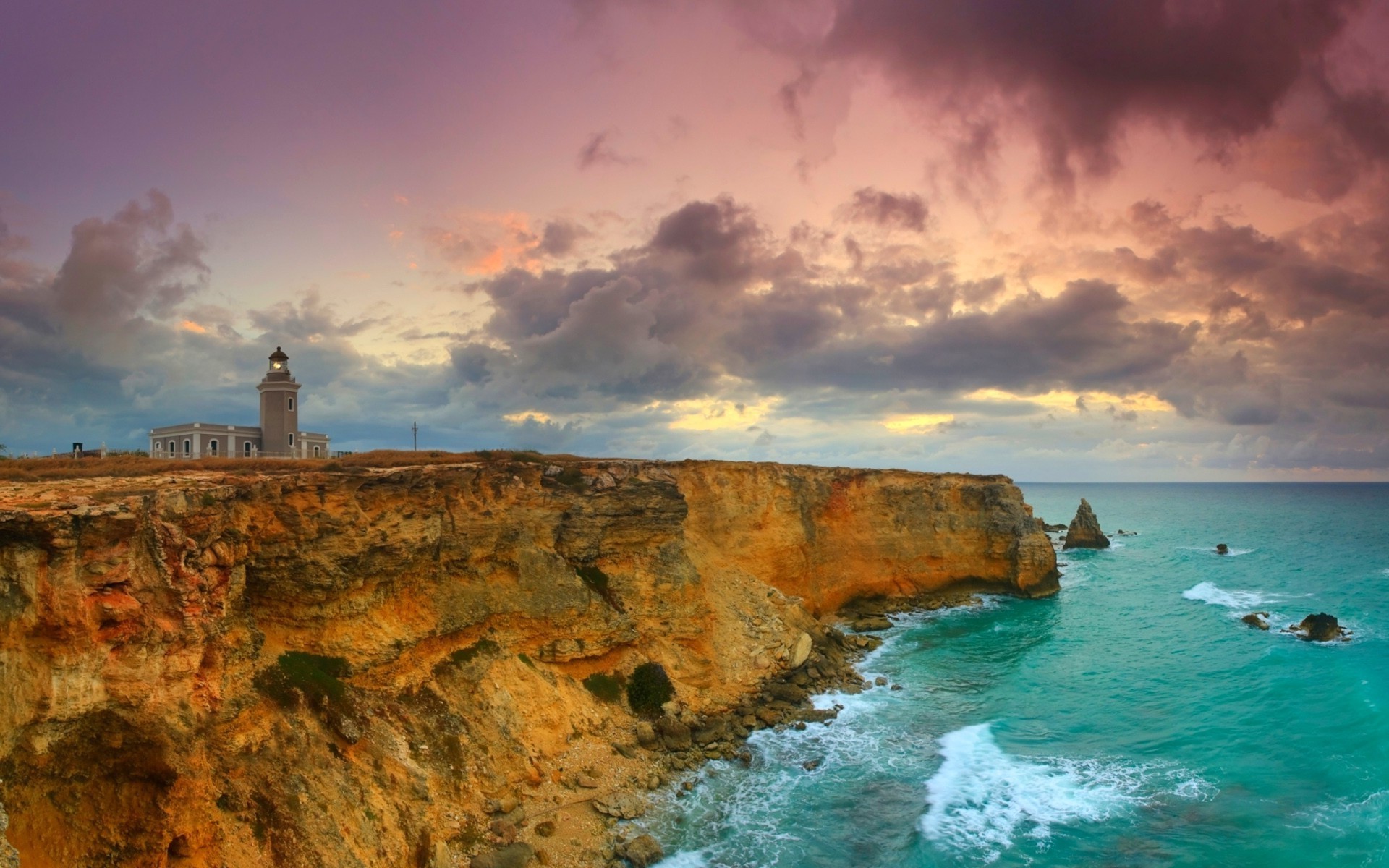 1920x1200 lighthouse, Cliff, Sea, Rock, Clouds, Sunset, Puerto Rico, Island