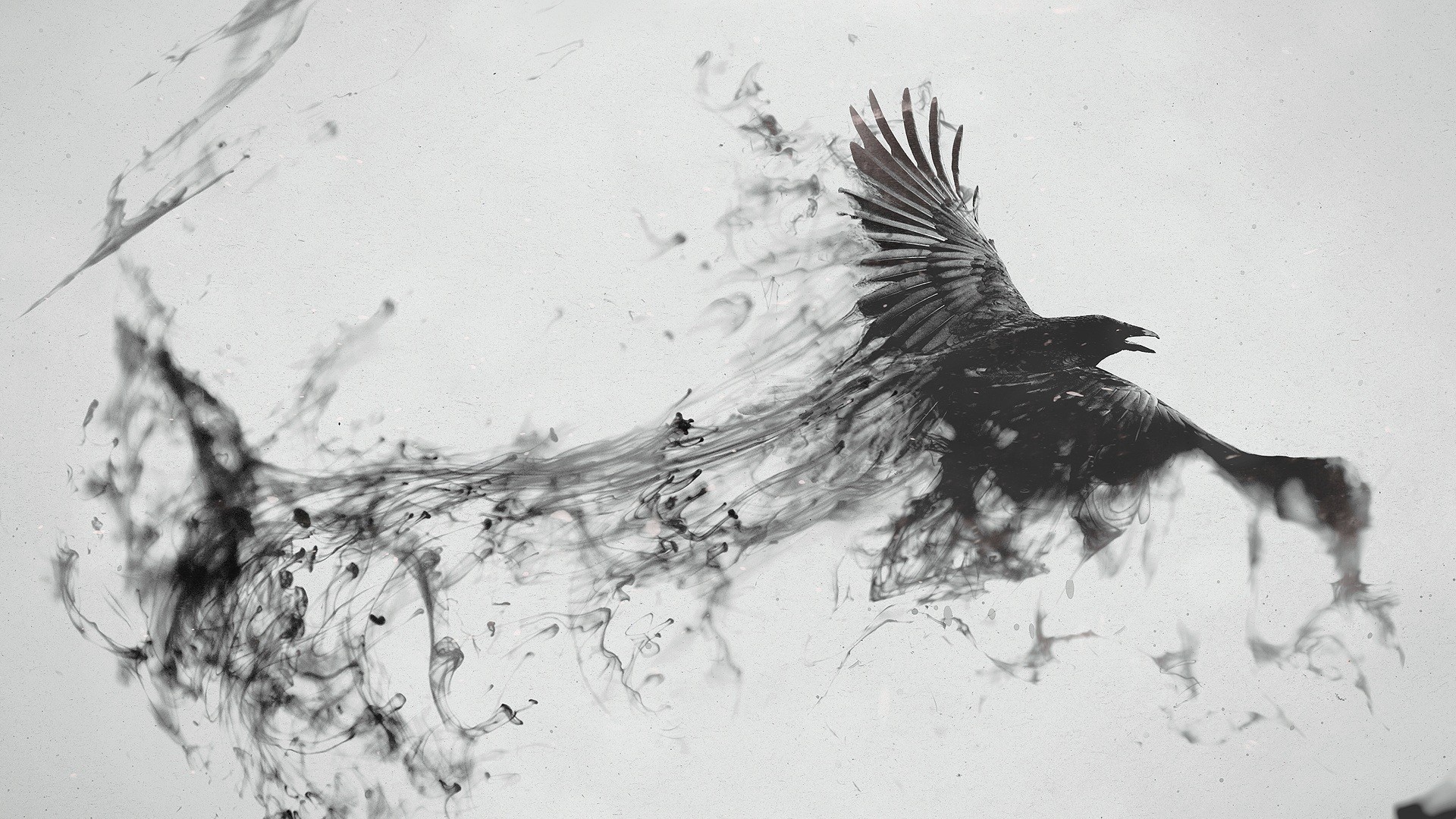 1920x1080  Wallpaper raven, bird, flying, smoke, black white